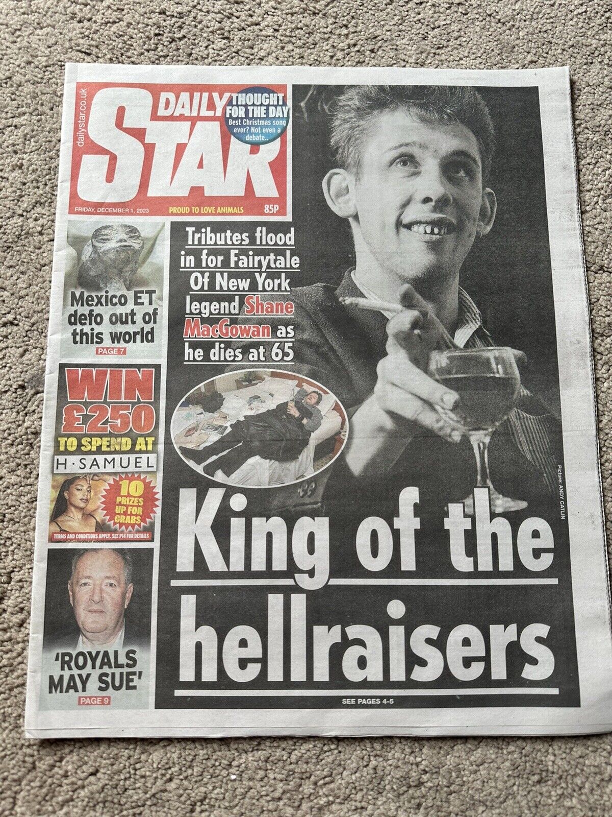 The Daily Star 1/12/23 1st December 2023 Shane MacGowan The Pogues Tribute