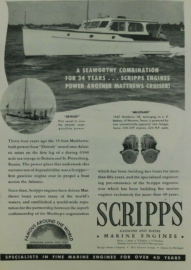 Scripps Marine Engines Seaworthy 1946 Motorboat Original Vintage Advertisement