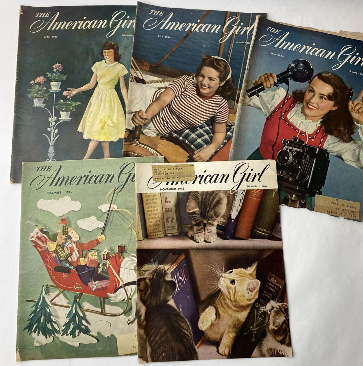 American Girl Lot of 5 1945 Vintage Magazine Christmas Cats Vintage Ads