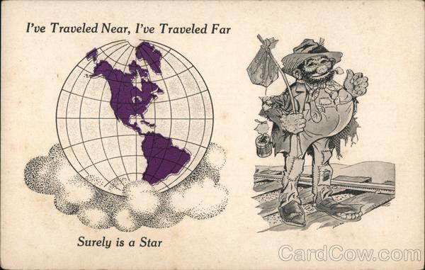 Drawing of Hobo Traveling Railroad Tracks Antique Postcard Vintage Post Card