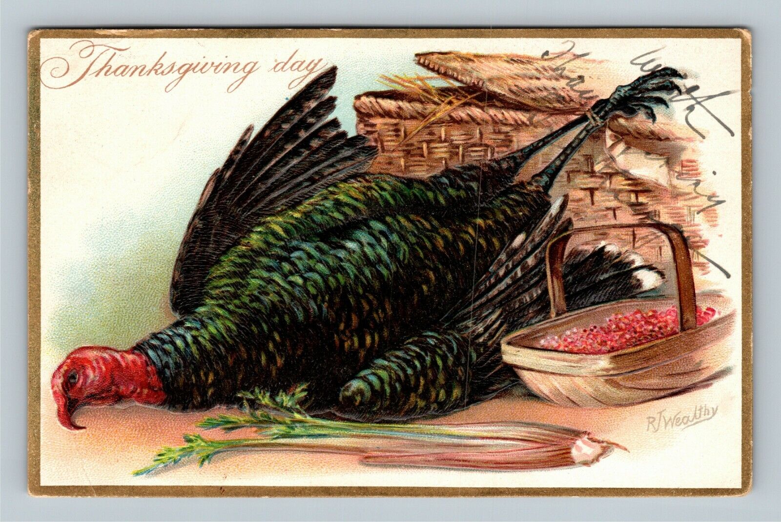 THANKSGIVING-A/S RJ Wealthy Tuck Series #123 Vintage Postcard Turkey Cranberry
