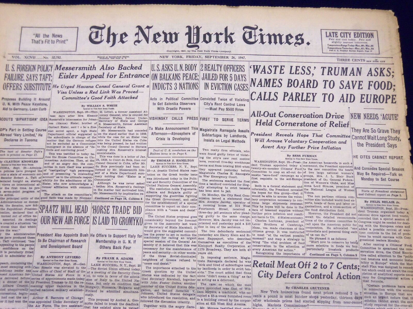 1947 SEPTEMBER 26 NEW YORK TIMES - WASTE LESS TRUMAN ASKS - NT 114