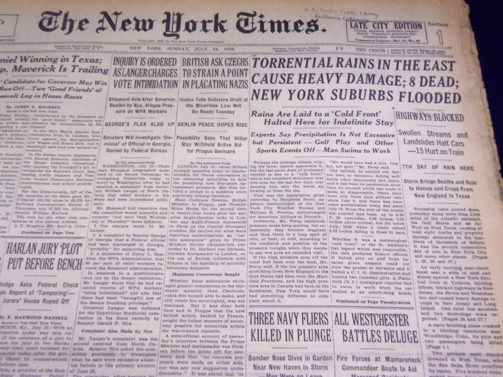 1938 JULY 24 NEW YORK TIMES - NEW YORK SUBURBS FLOODED, 8 DEAD - NT 2391