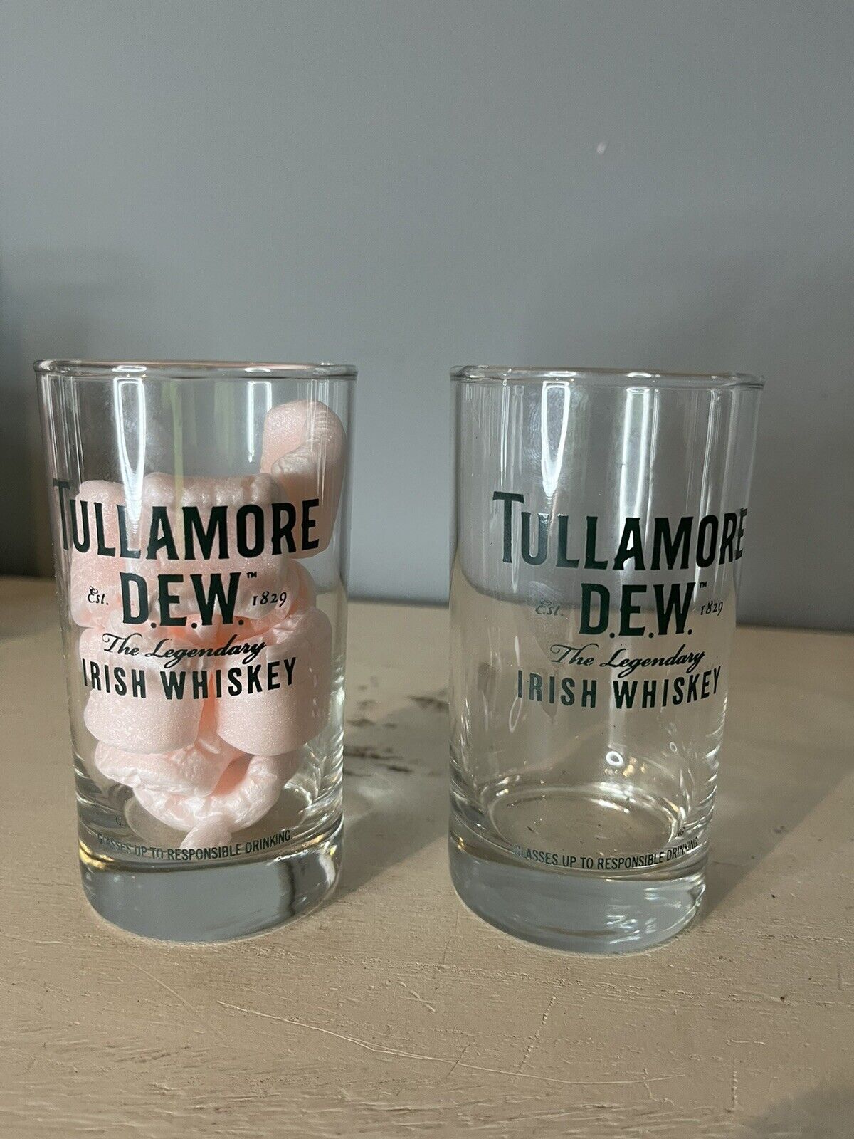 tullamore dew lot of 2 glasses. 4.5” tall . irish whiskey htf NEW man cave rare