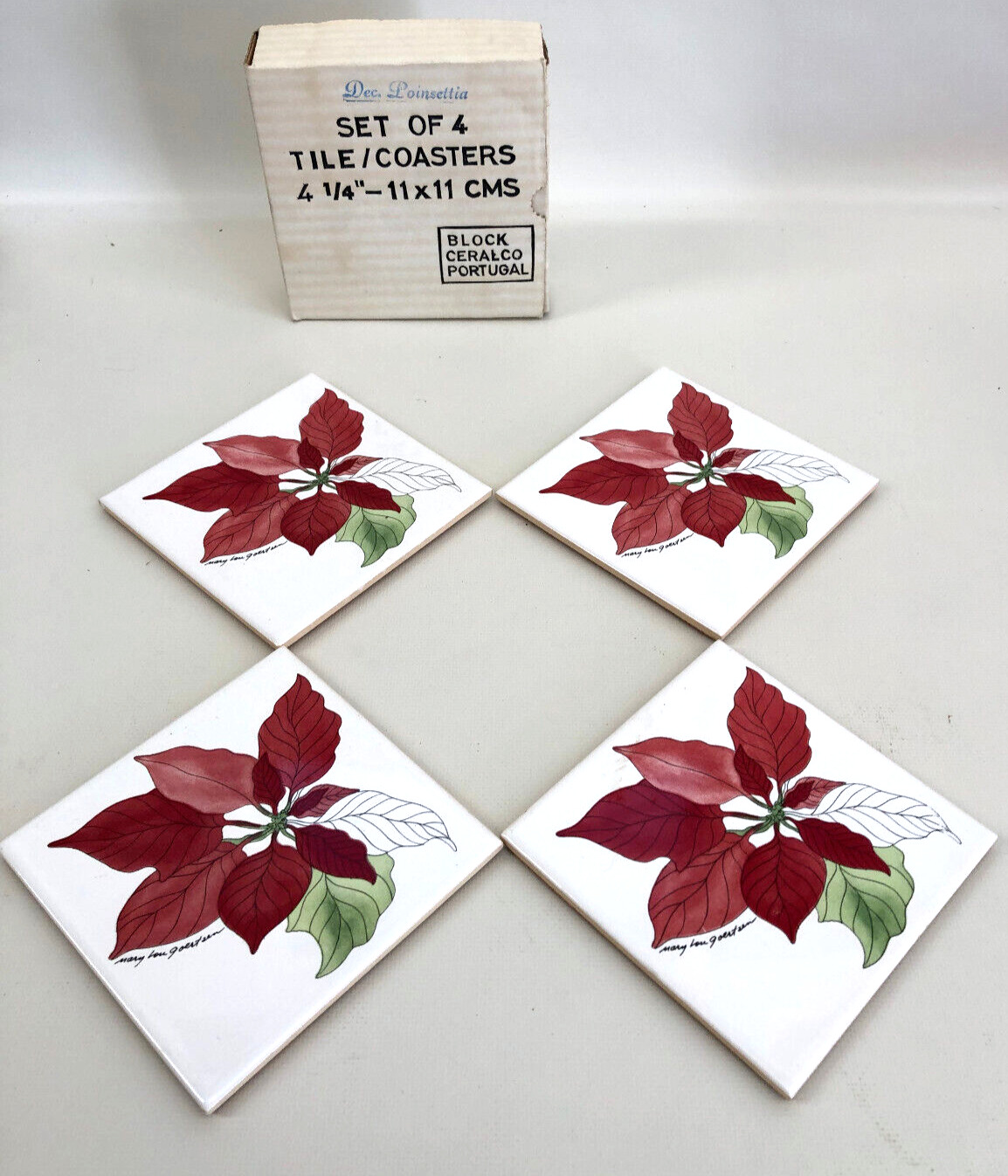 Set of 4 Block Spal Poinsettia Tiles Coasters Trivets Ceralco, Portugal 1982