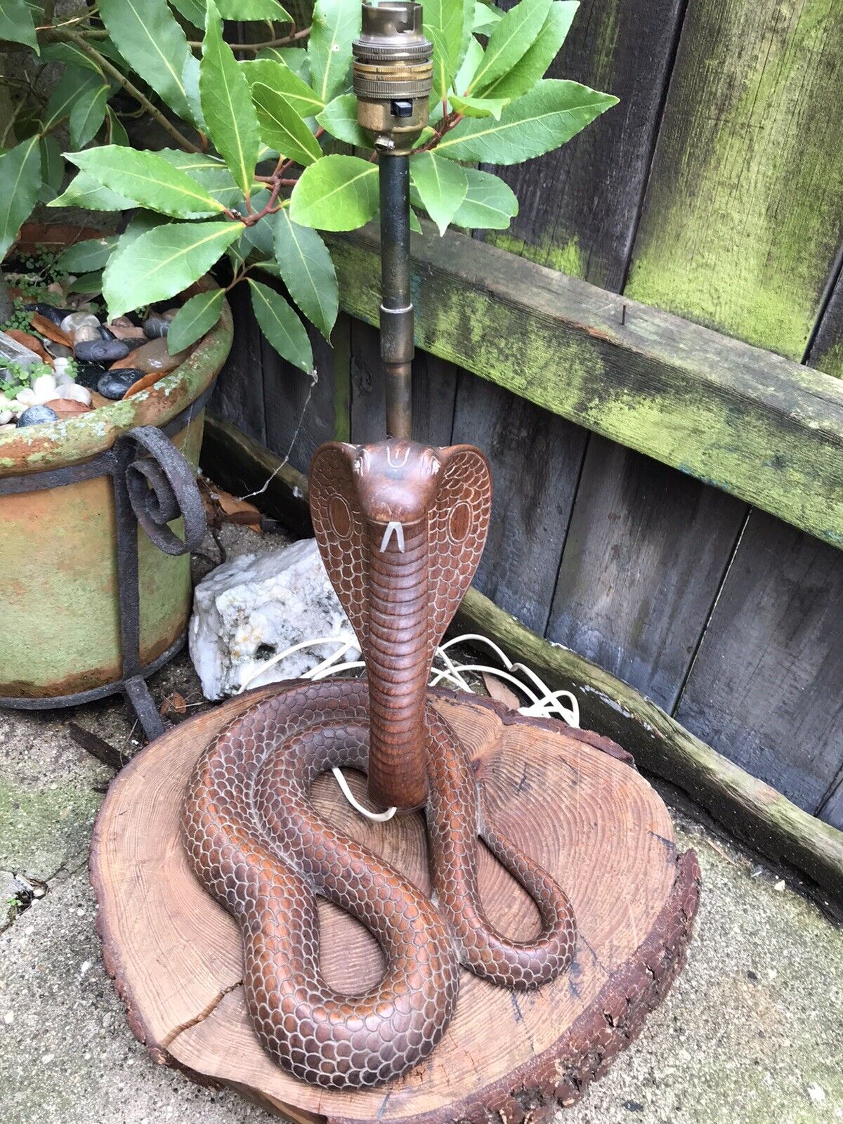 Vintage Anglo Indian cobra snake table lamp carved wood working 1960/70's RARE