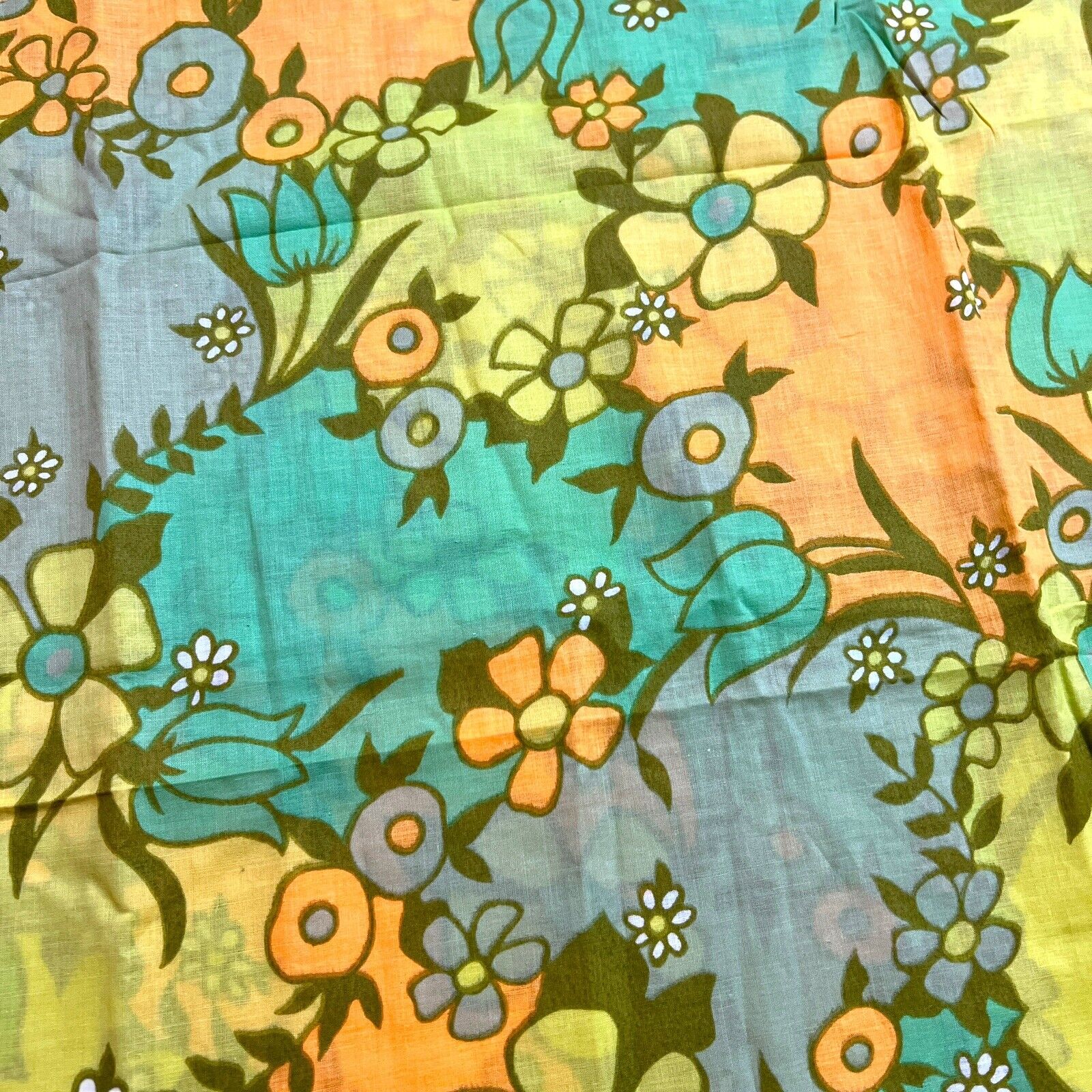 Vintage Fabric Psychedelic Mod Flower Power Daisy Blue Orange Green 52”x40”