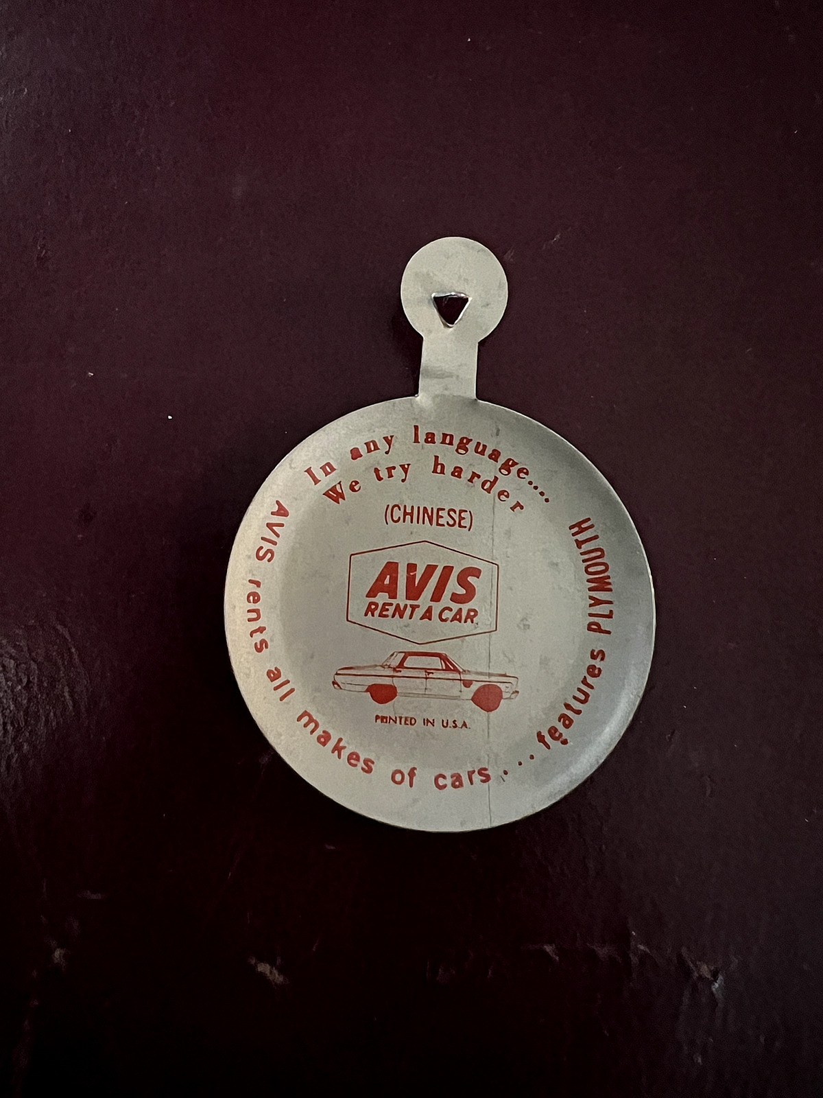 Vintage Chinese Avis Rent A Car Auto Advertising Pinback Button We Try Harder💗