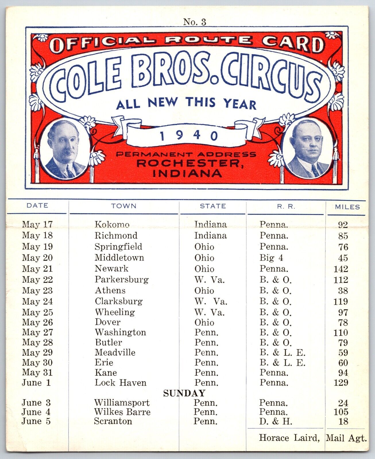 1940 Cole Bros Circus Route Card PA NJ WV IN OH