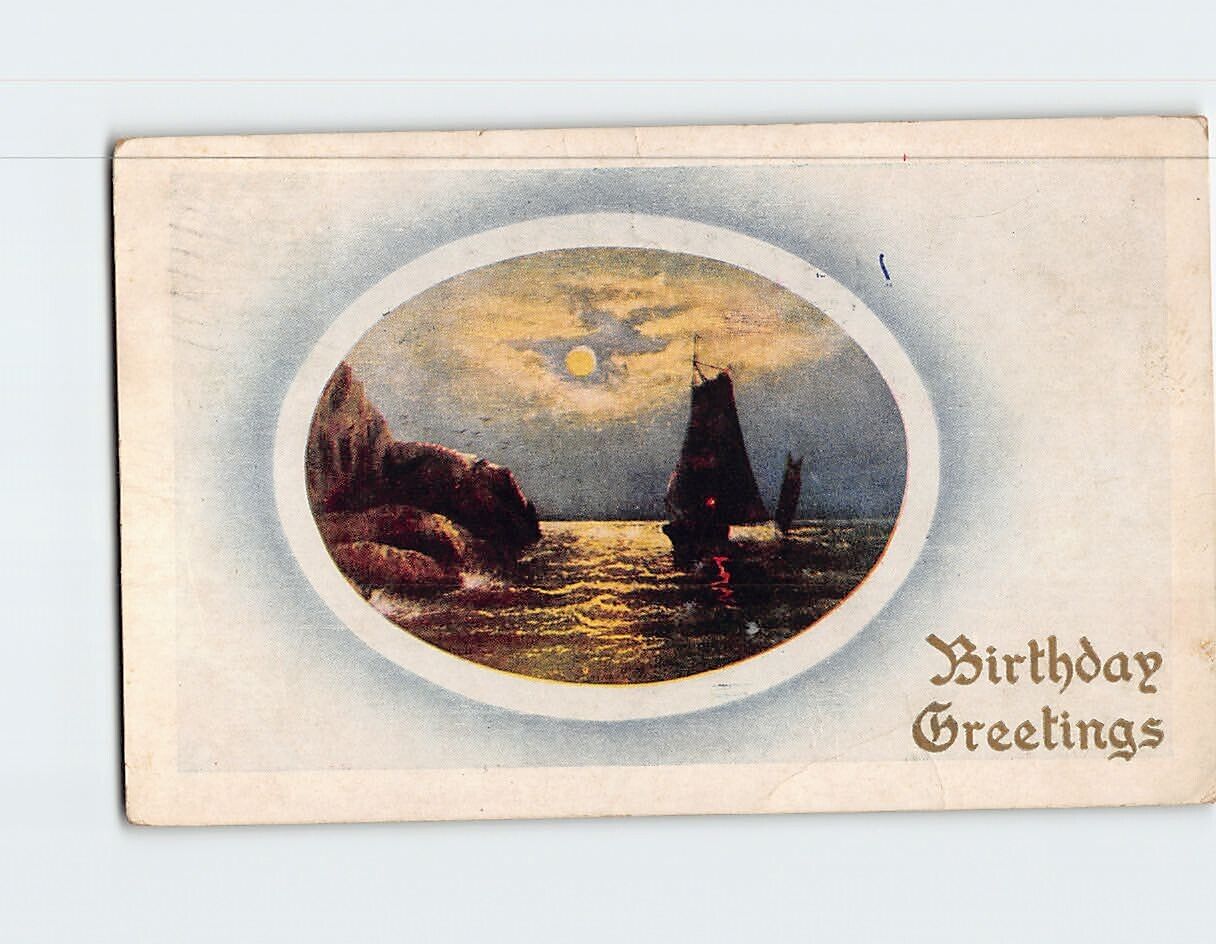 Postcard Ocean Moonlight Scene Birthday Greetings