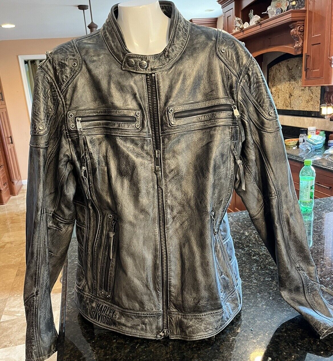 Harley Davidson Men's XL Leather Jacket Riding Gear Charcoal Distressed Unique