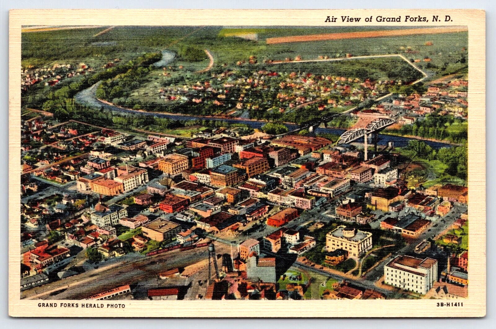 Original Old Vintage Postcard Aerial City View Landscape Bridge Grand Forks, ND