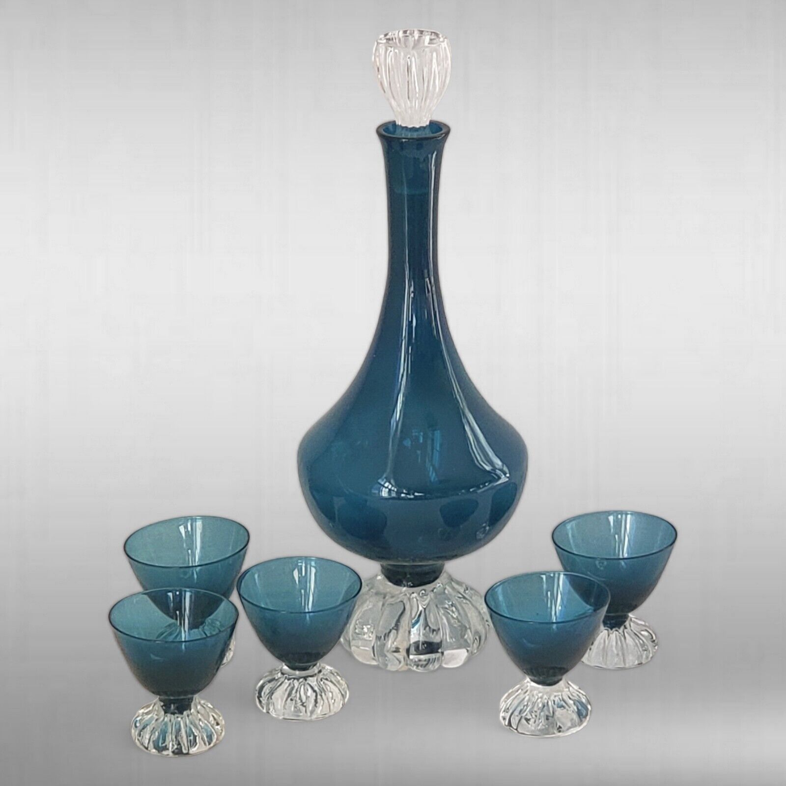 Vintage Aseda Blown Glass Teal Blue Decanter & 5 Cordials Set Made in Sweden