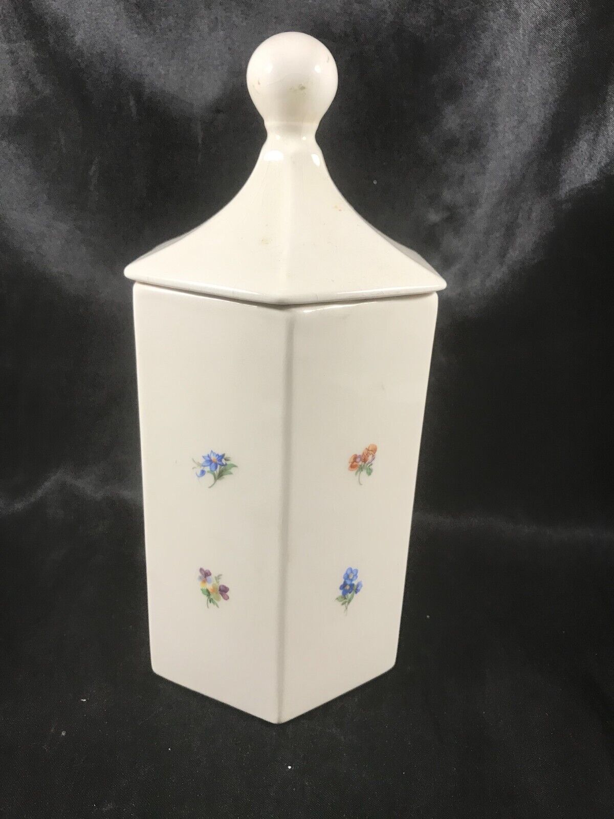 Vintage Ceramic White Floral Covered Canister Vanity Holder
