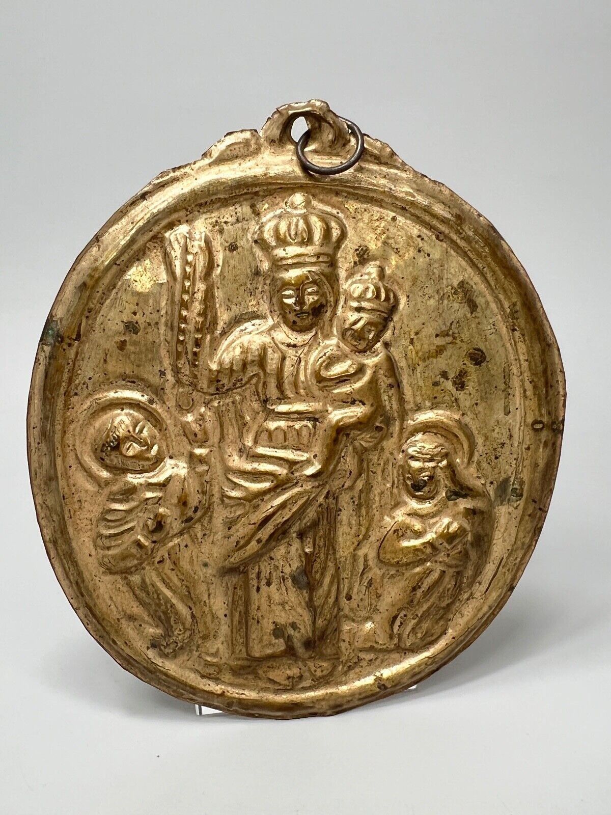 18c.Antique Repousse Silvered Brass Catholic Icon Plaque Madonna Child & Saints