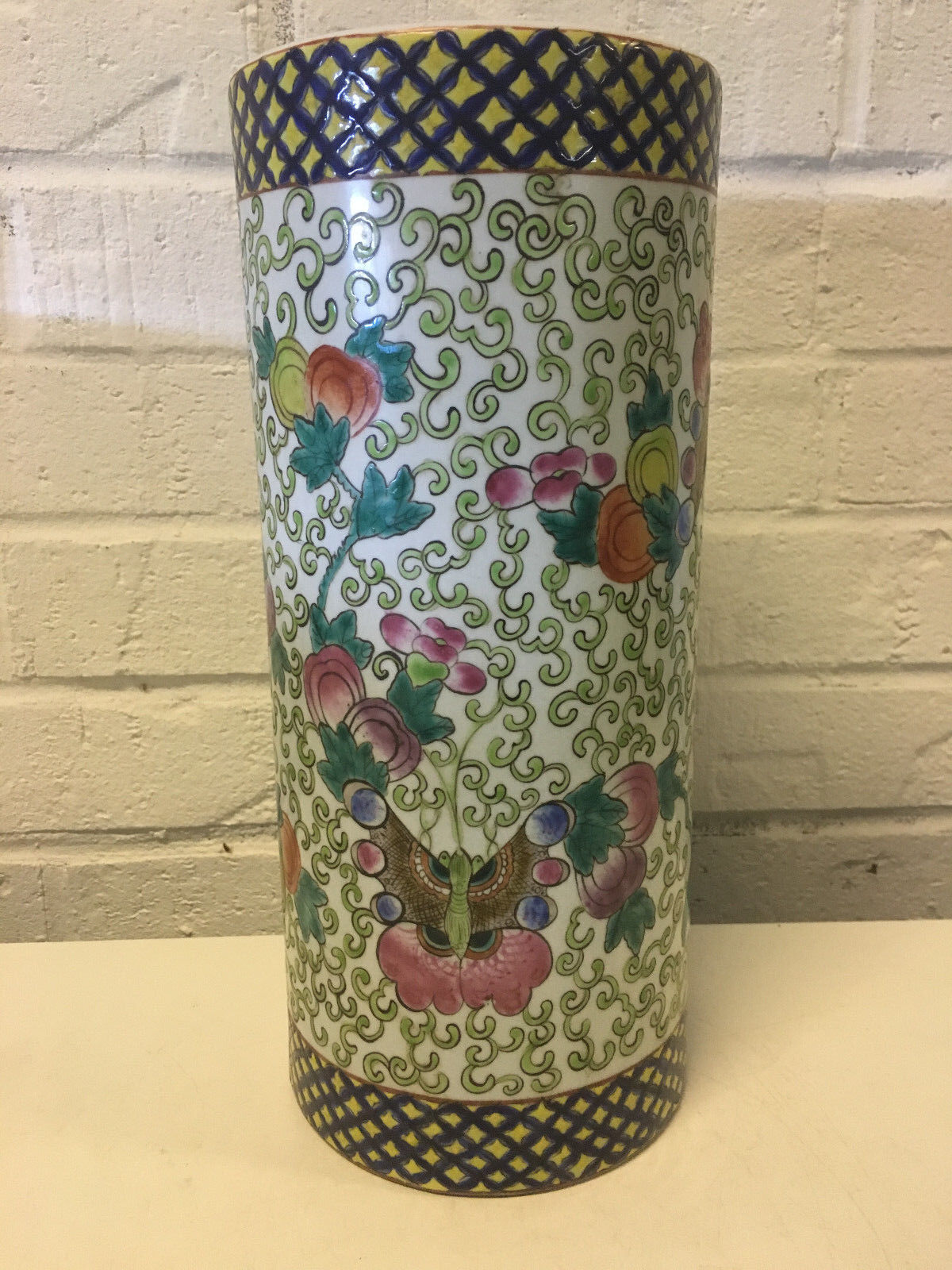 Vtg Chinese Large / Tall Brush Washer or Cylinder Vase w/ Butterflies & Flowers