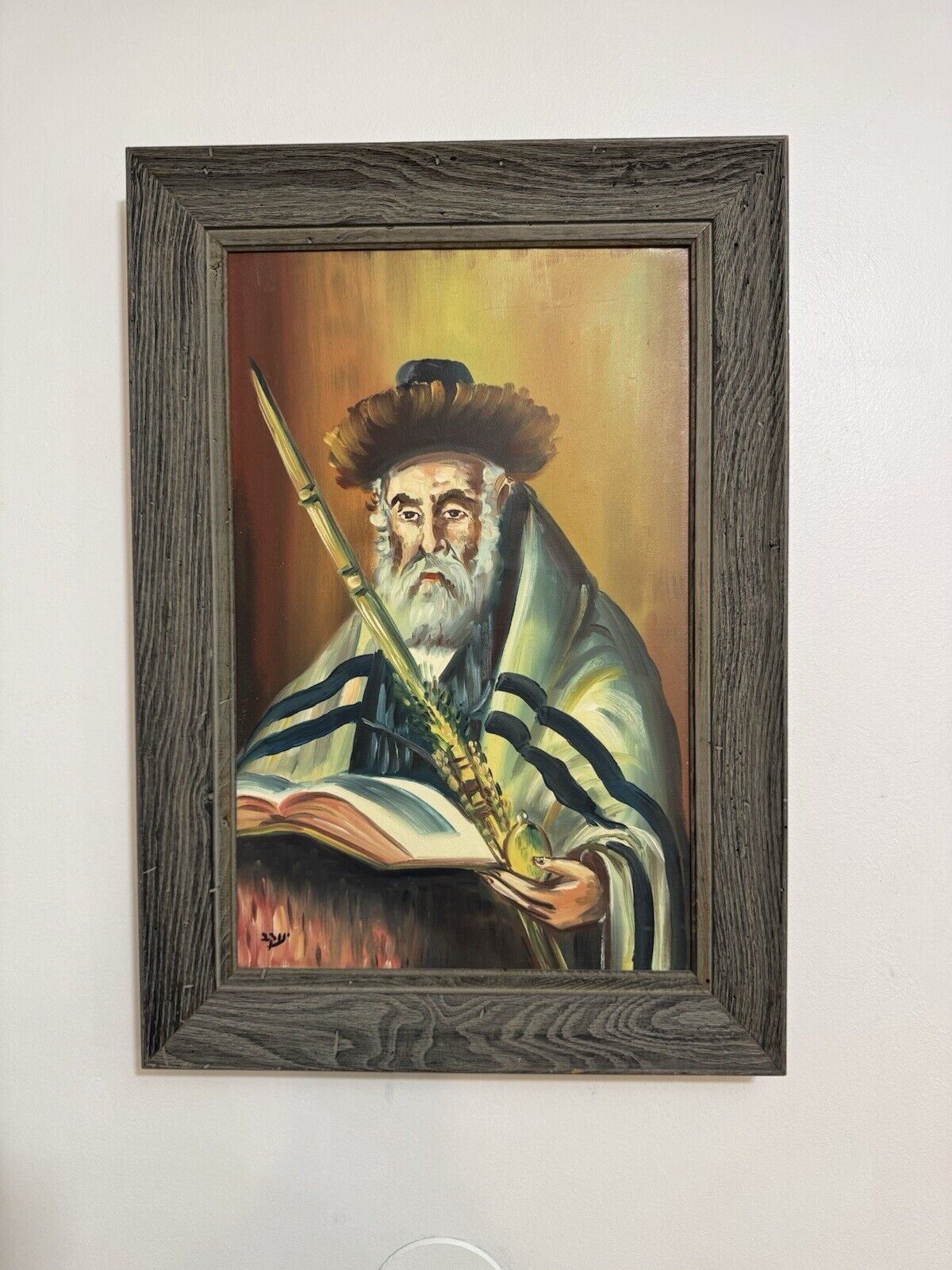 Jewish Rabbi Oil Painting Signed By Artist Framed Judaica