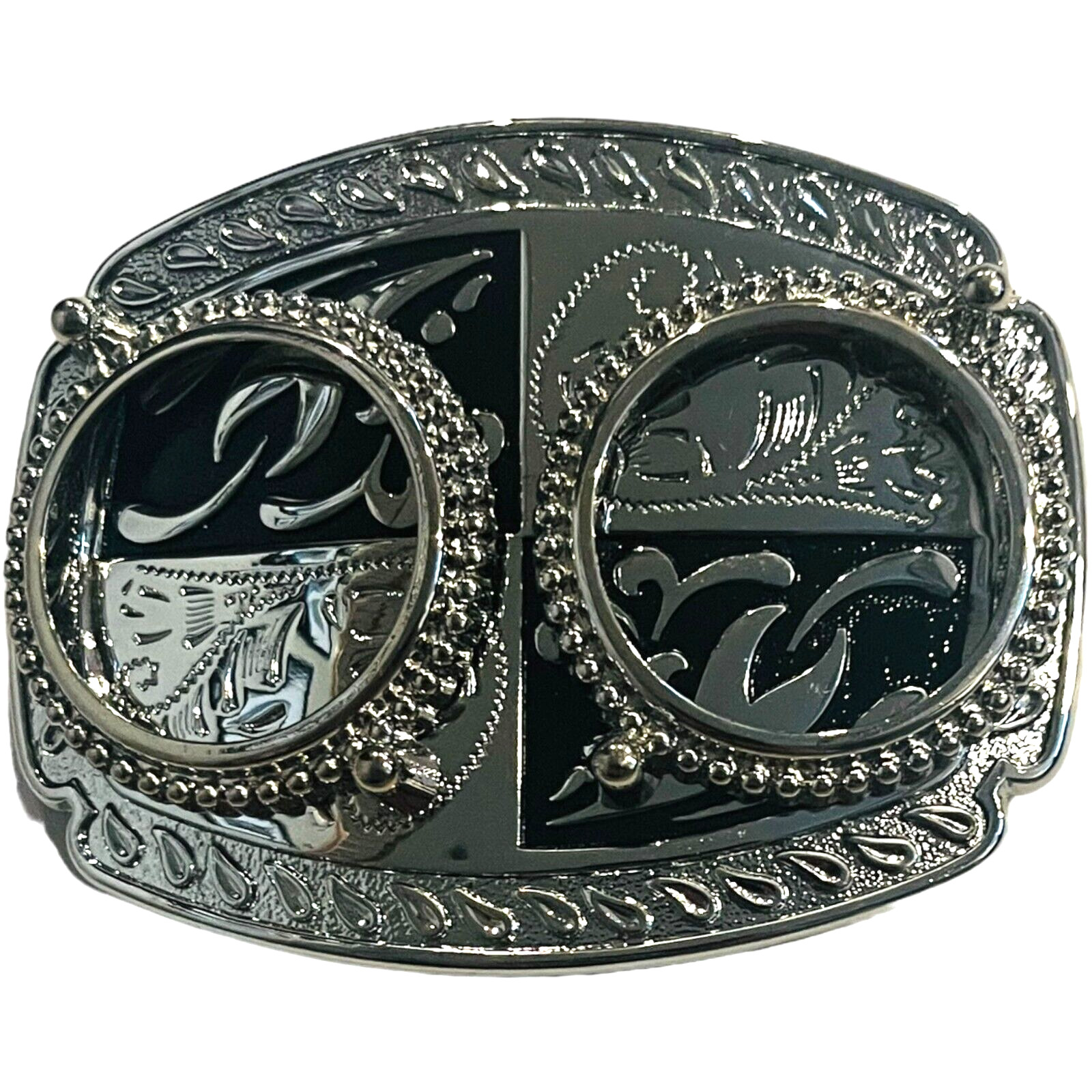 Western Belt Buckle for 2 Silver Dollars or 39 MM Stones - Silver and Black