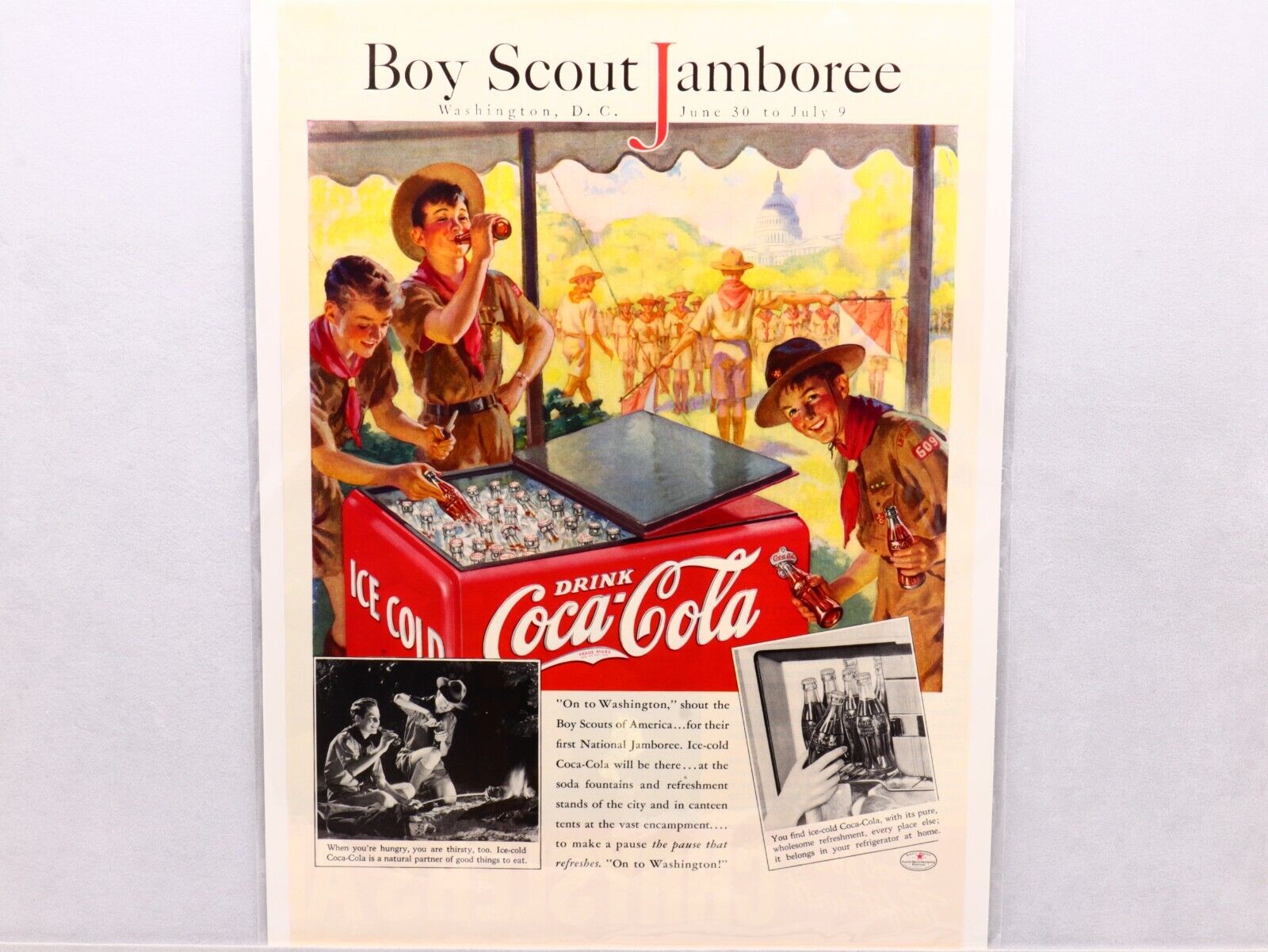 1937 COCA-COLA AD, HIGHLIGHTING THE BOY SCOUT JAMBOREE IN WASHINGTON DC.