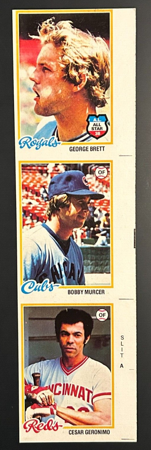 1978 Topps Baseball Uncut Sheet of 3 Cards George Brett 100 Murcer Geronimo
