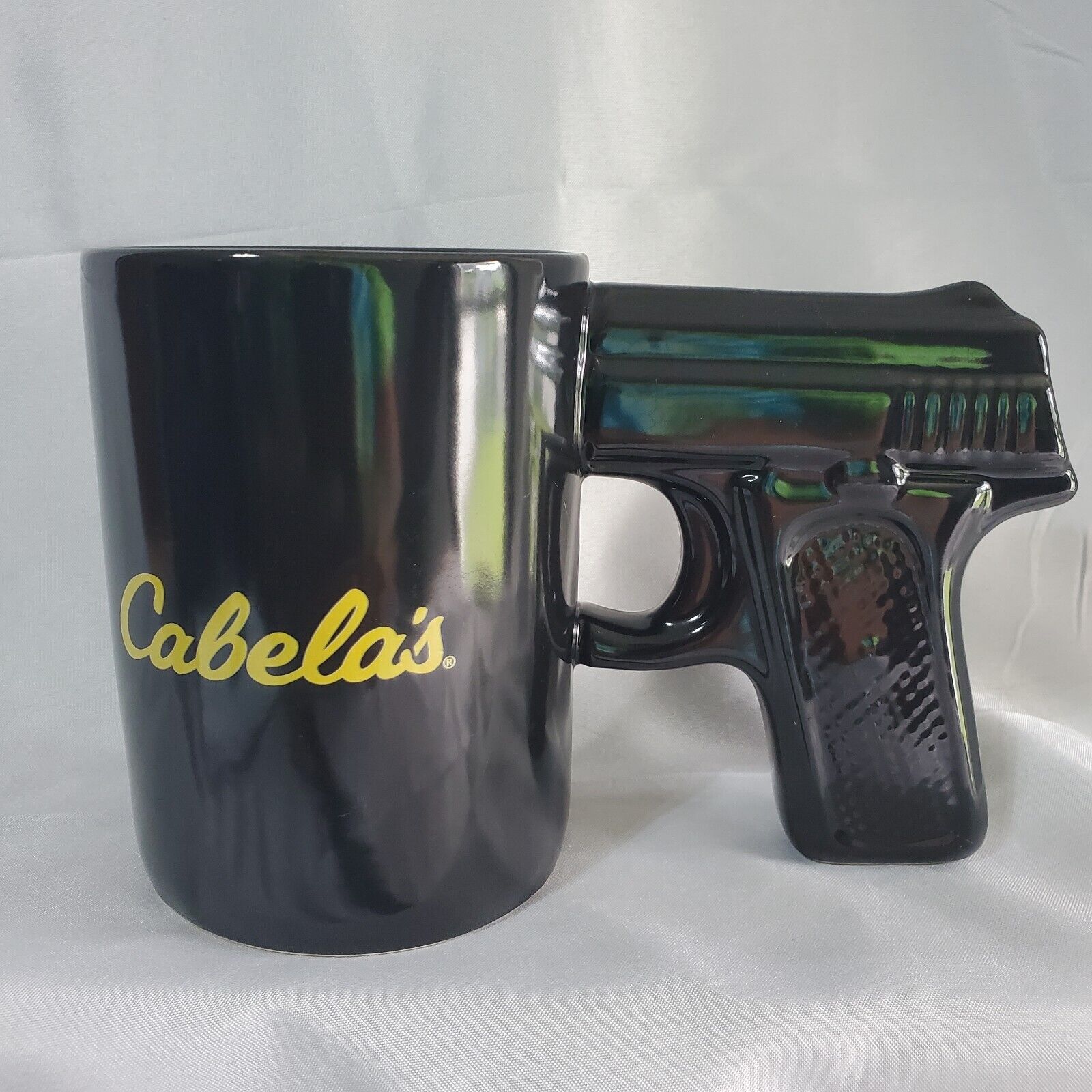 Cabela's Black Hand Gun Pistol Grip Handle 16 Oz Ceramic Coffee Cup / Mug