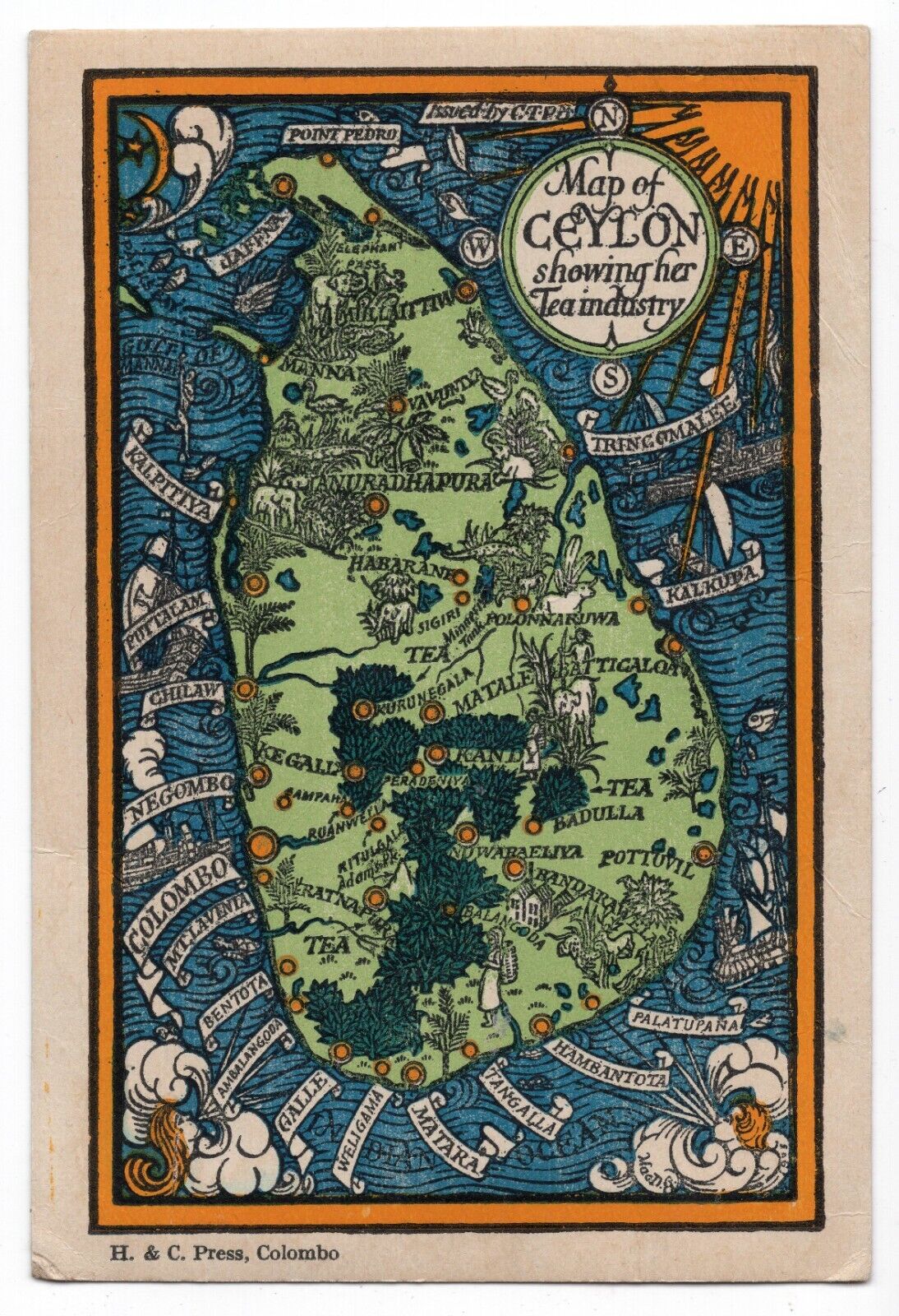 c.1934 MacDonald Gill, Ceylon Tea Industry, Pictorial Postcard Map Sri Lanka