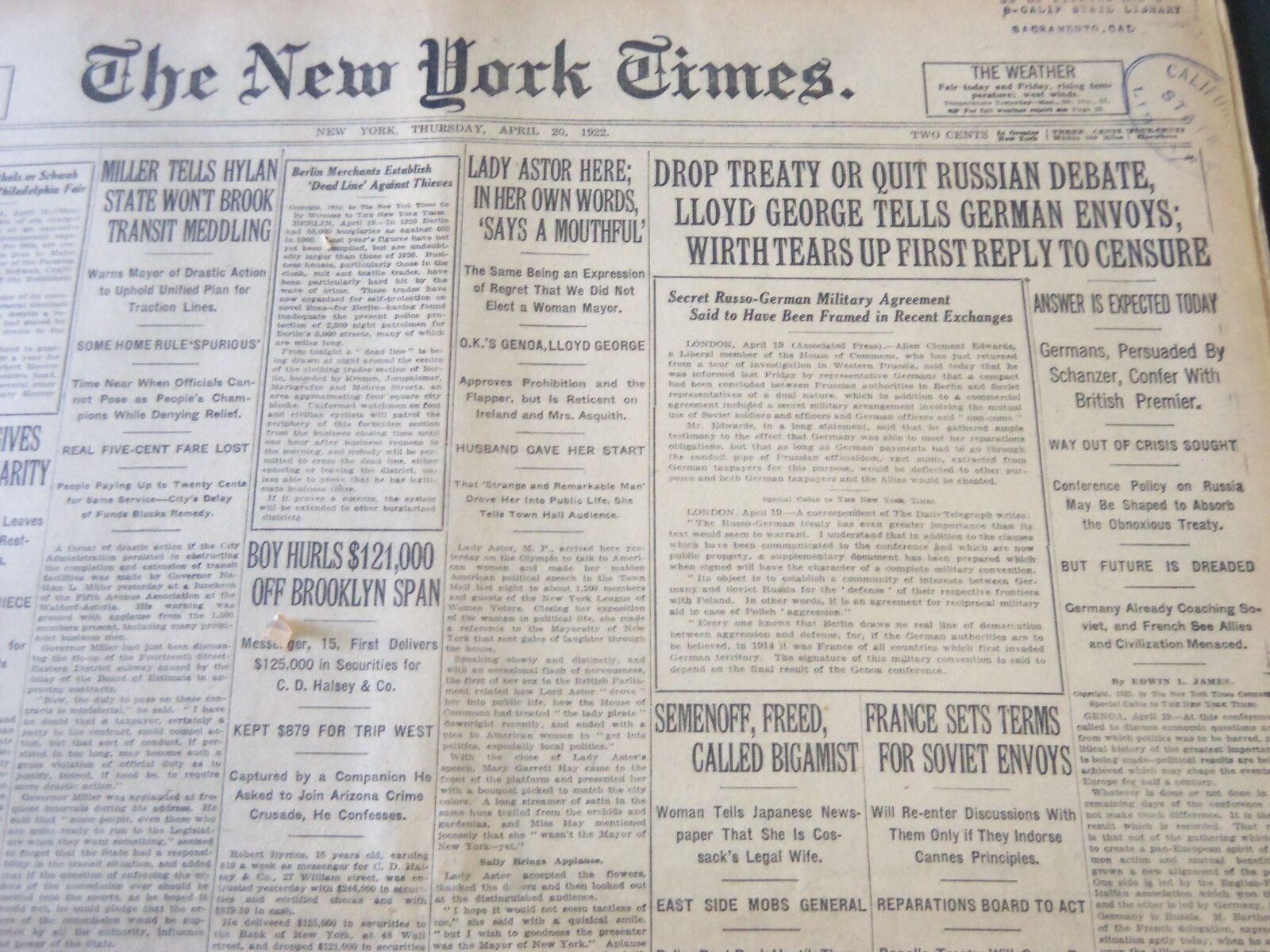 1922 APRIL 20 NEW YORK TIMES - DROP TREATY OR QUIT RUSSIAN DEBATE - NT 5808