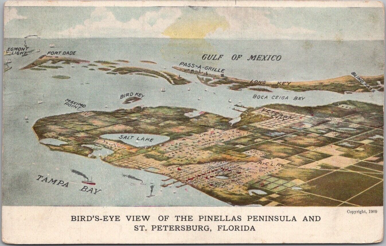 c1909 ST. PETERSBURG, Florida MAP Postcard Bird\'s-Eye View of PINELLAS PENINSULA