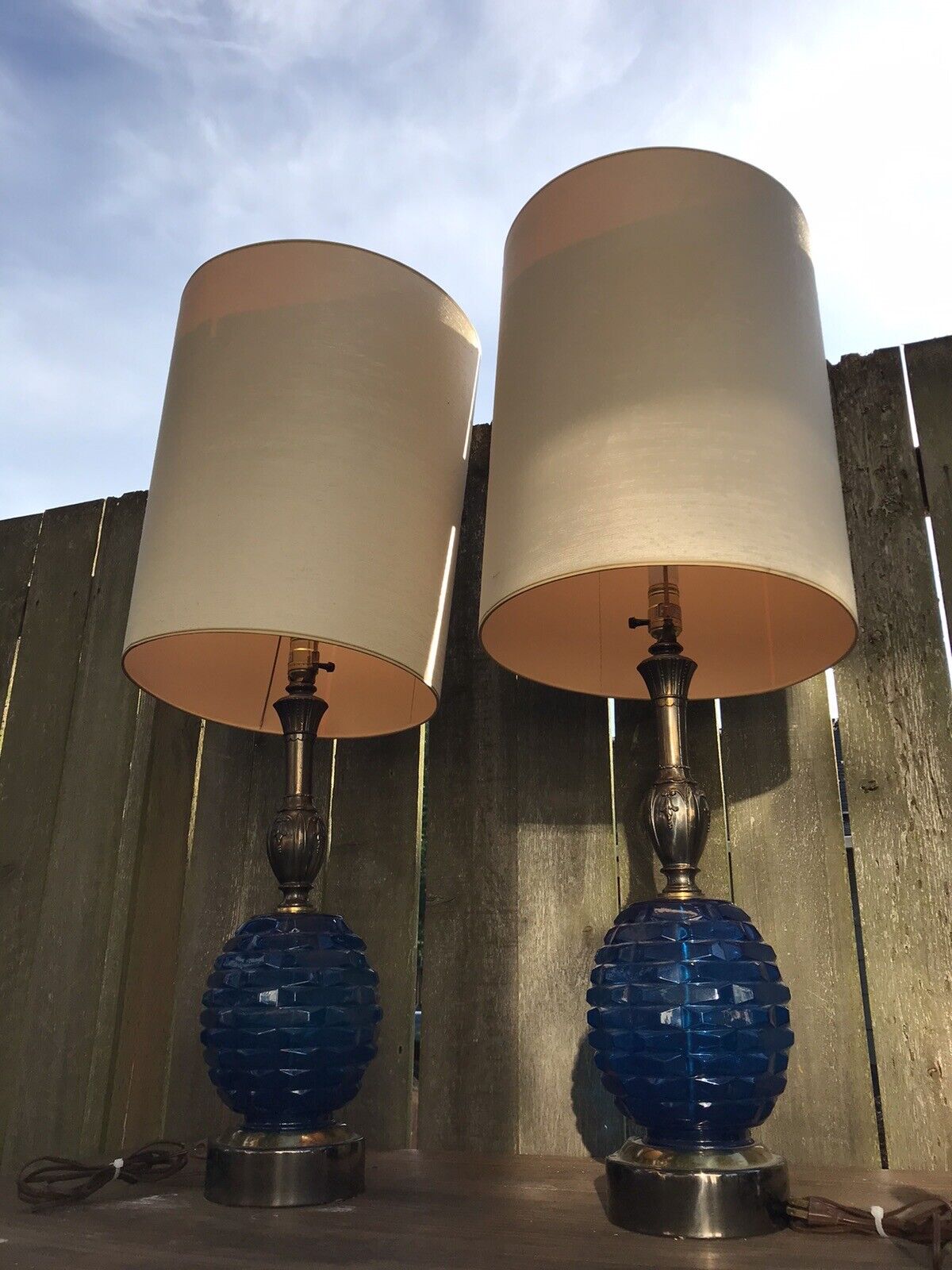 Pair RARE BLUE GLASS Mid-Century Lamps Set Two Shades Orbs 50s 60s Vintage NICE