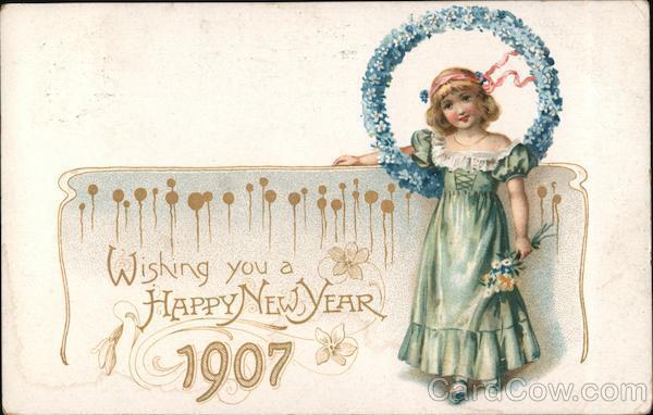 New Year/Lady 1906 Wishing you a Happy New Year-1907 Antique Postcard 1c stamp