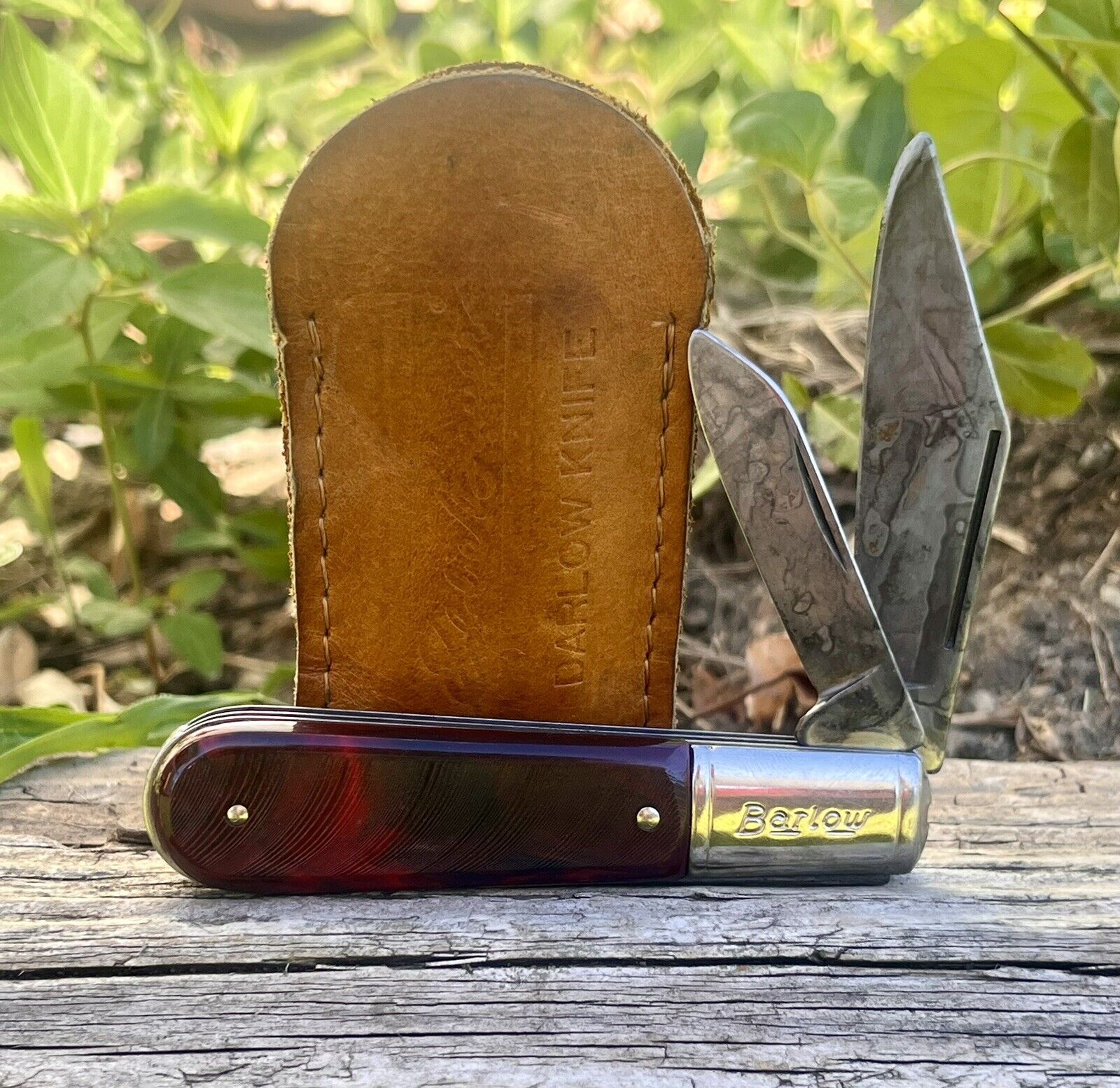 Vintage Pocket Knife  With Vintage Leather Pocket Slip. USA Made Barlow Knife