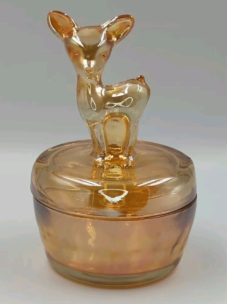 Vintage Jeanette Marigold Iridescent Glass Fawn Deer Powder Jar