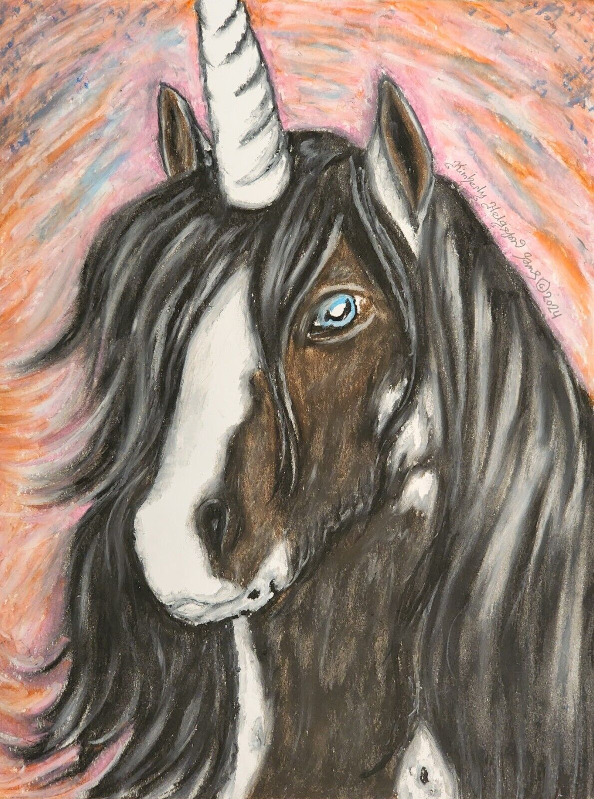 Unicorn Gypsy Vanner Horse Original 9x12 Oil Pastel Painting Artist KSams