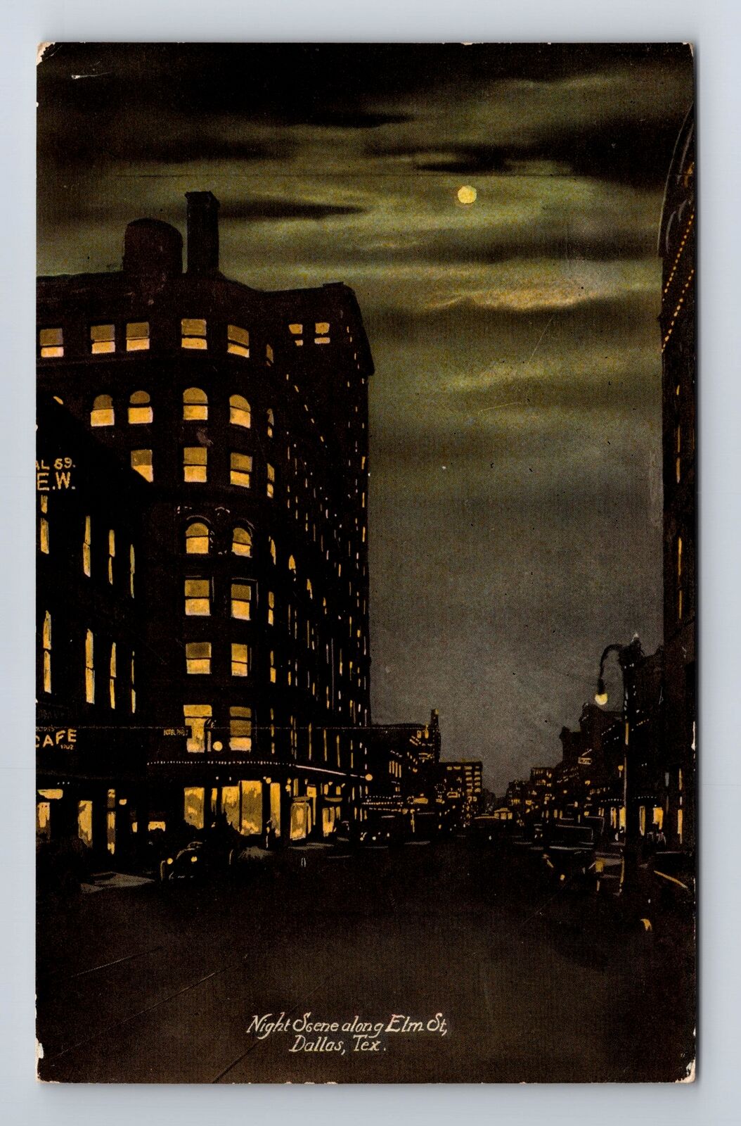 Dallas TX-Texas, Night Scene, Moonlight Along Elm St, Antique, Vintage Postcard