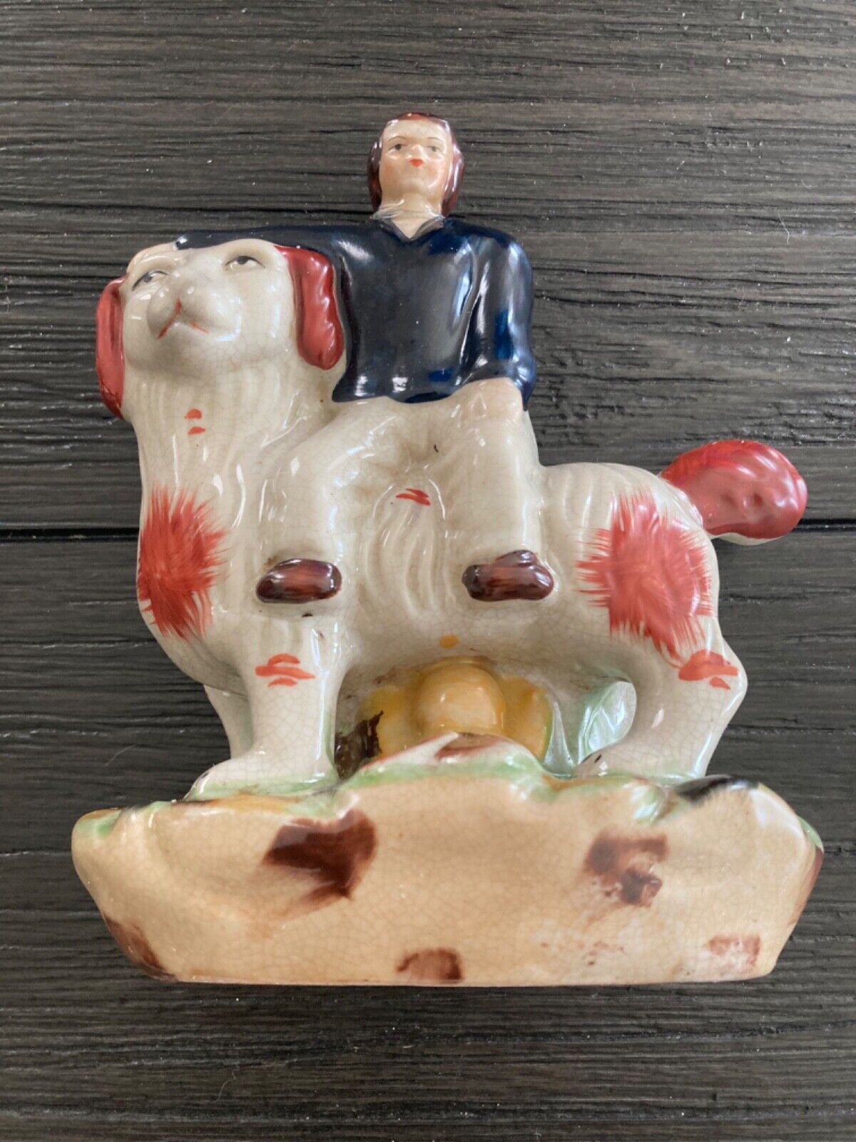 Staffordshire Boy Sitting on Large Dog Figurine Broken Head