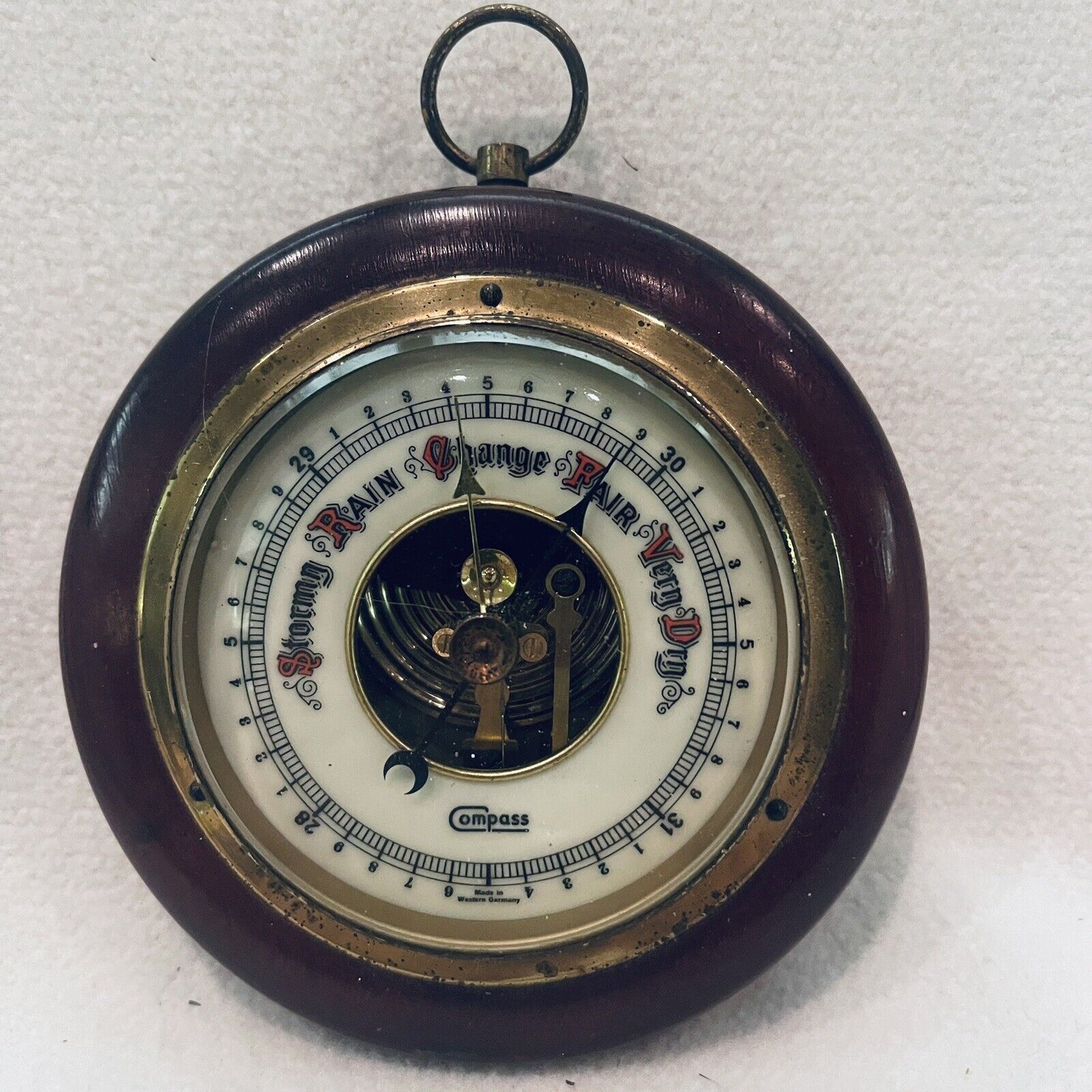 Vintage German Weather Barometer With Brass Rim And Wooden Frame 5”