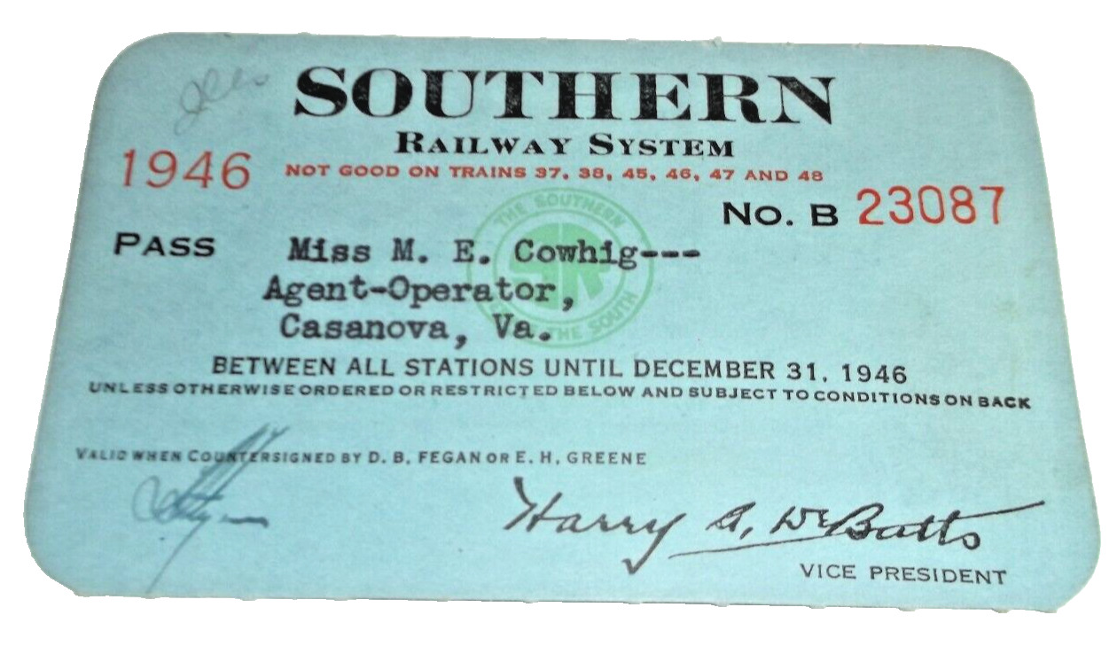 1946  SOUTHERN RAILWAY COMPANY EMPLOYEE PASS  #23087