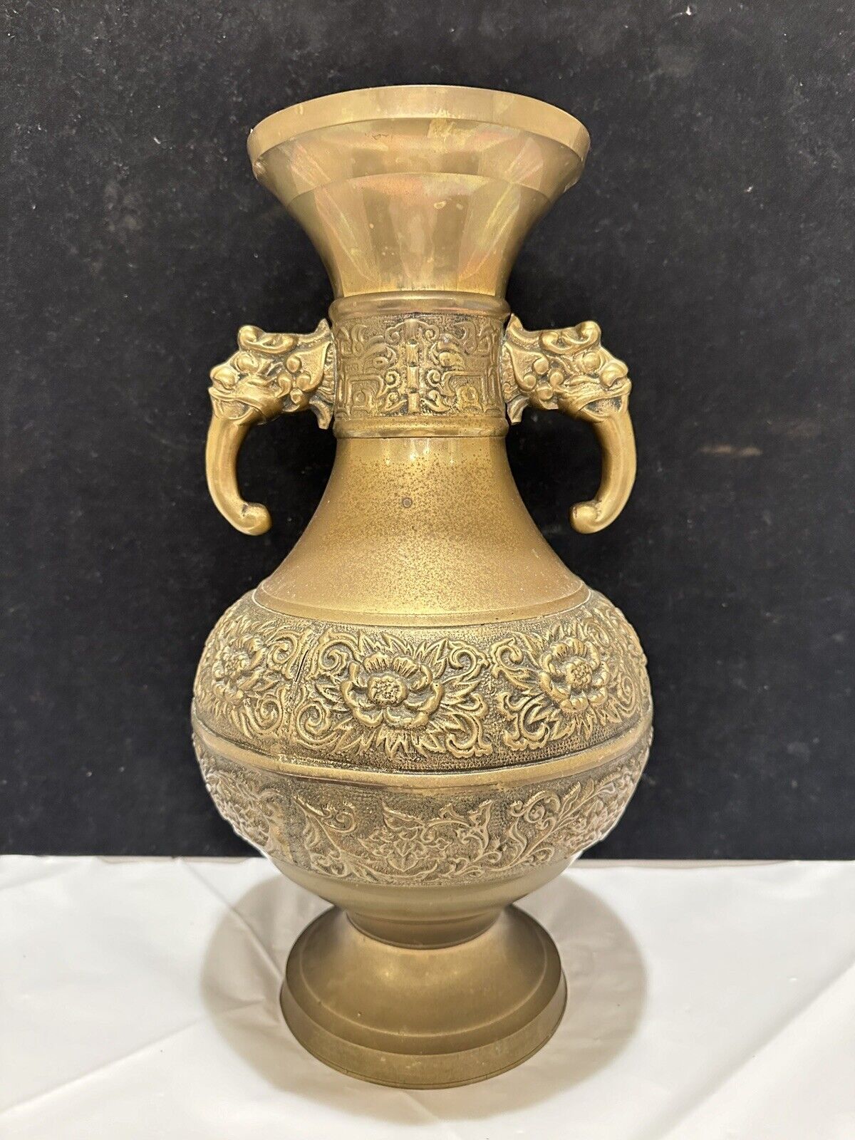 Large Antique Handmade Engraved Solid Brass Vase with Foo Dragon Handles 15”