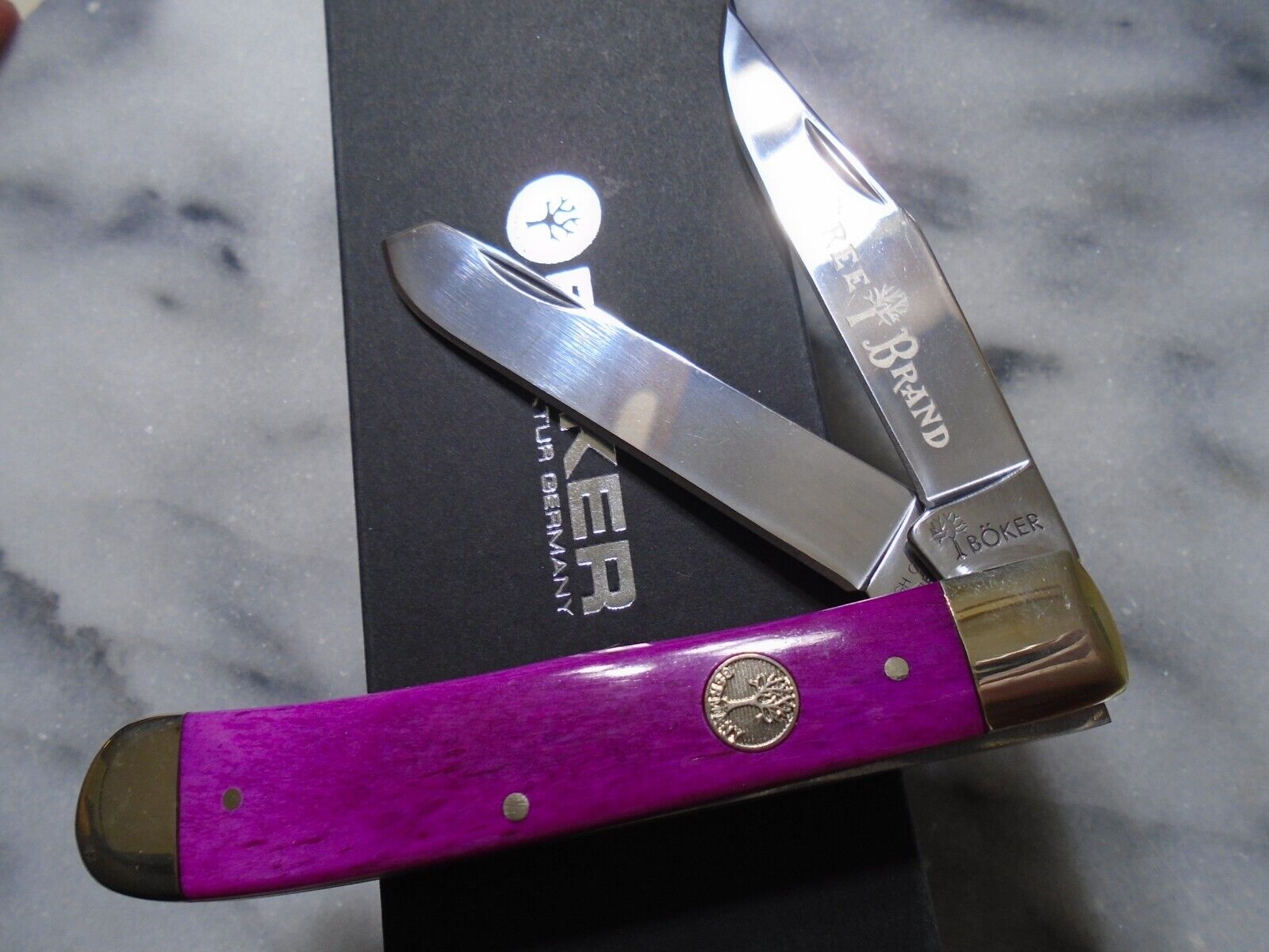 Boker Tree Brand Germany Trapper 2 Blade Pocket Knife Purple Bone 110719 New