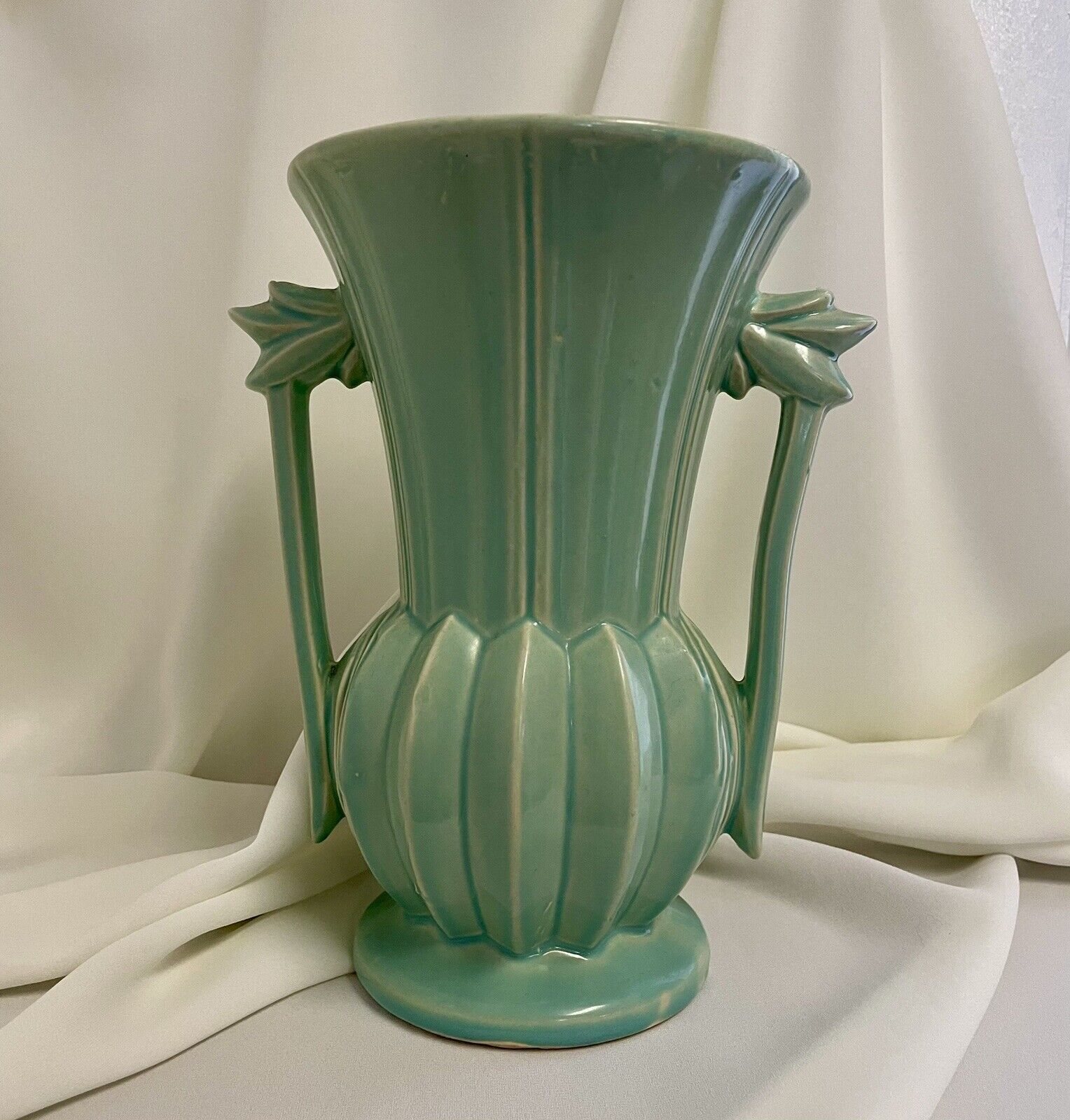 Vintage McCoy Pottery Trophy Style Double Handle Aqua/Turquoise/Teal/Green Vase