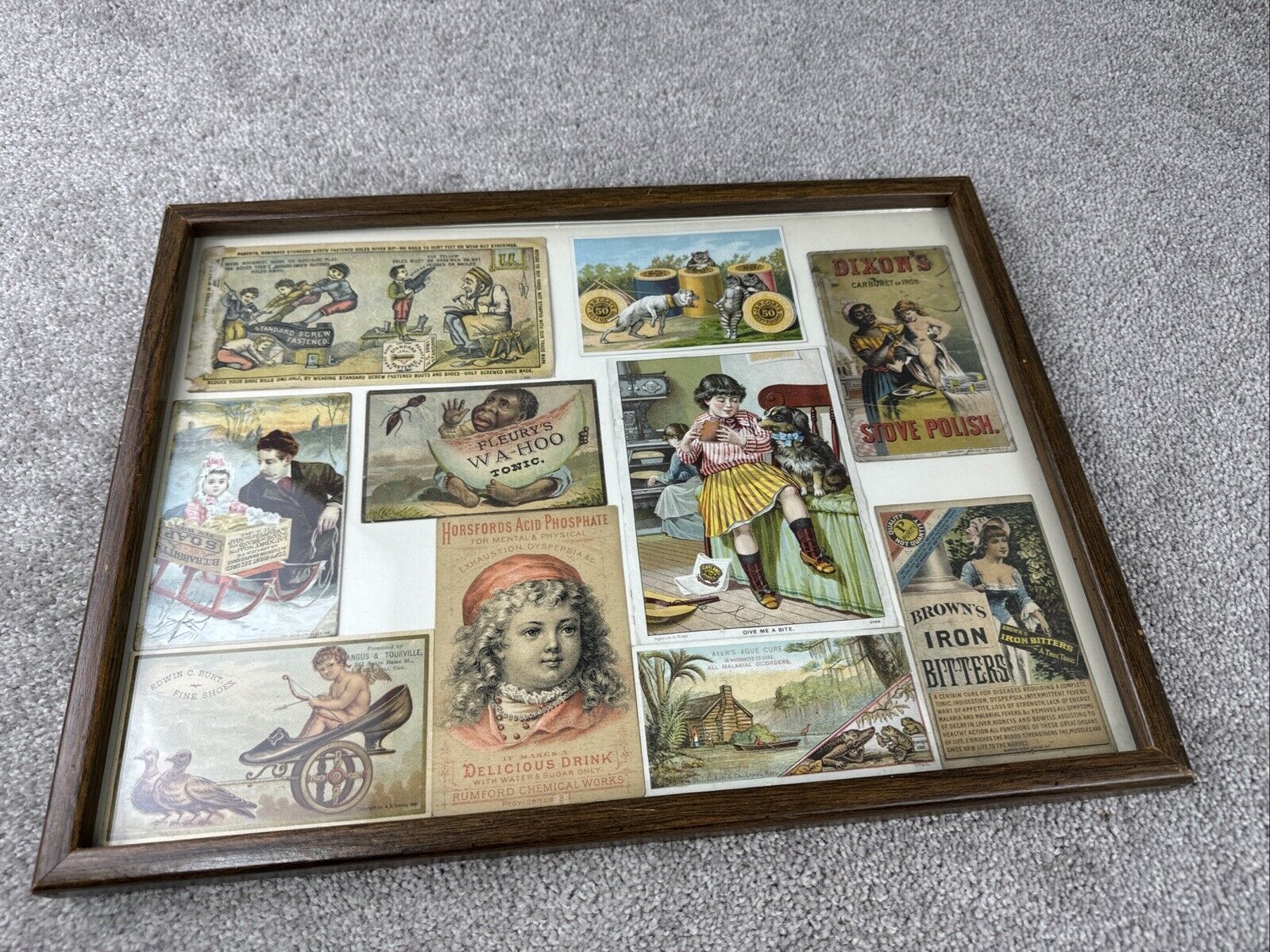 Lot of 10 Antique Victorian Scrapbook Advertisement Trade Cards FRAMED