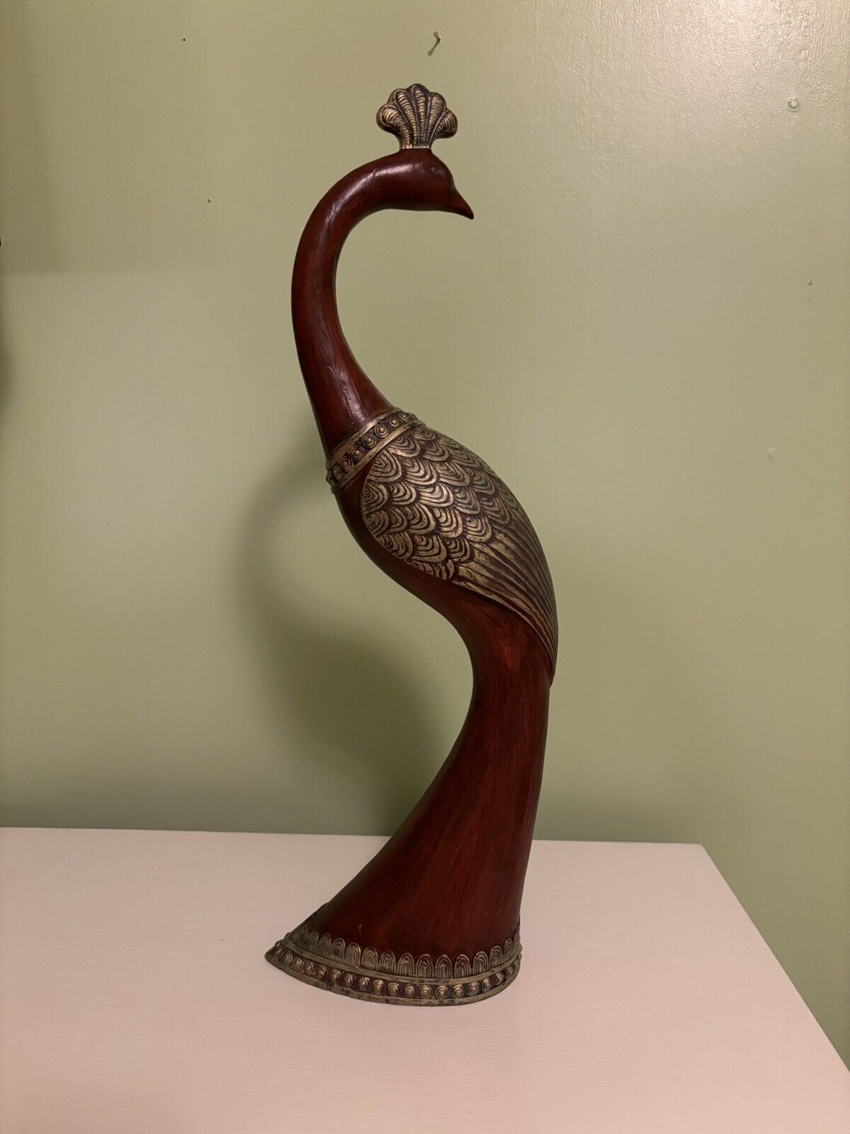 Vintage Wood Ceramic Mid Century Peacock Bird Statue Large 21” MCM Brown Gold
