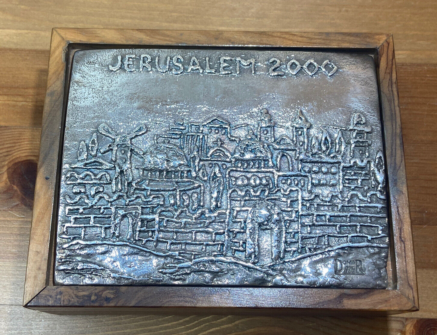DOMAR Jerusalem  City Vintage Olive Wood Box With Silver Plaque Signed