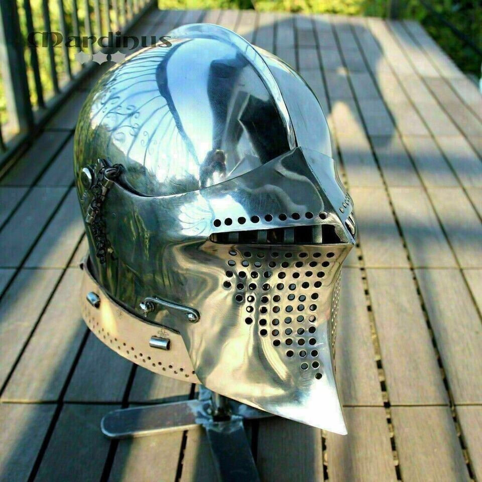 Medieval Buhurt Sca Larp Reenactment 16Ga Steel Bascinet Helmet Knight Warrior