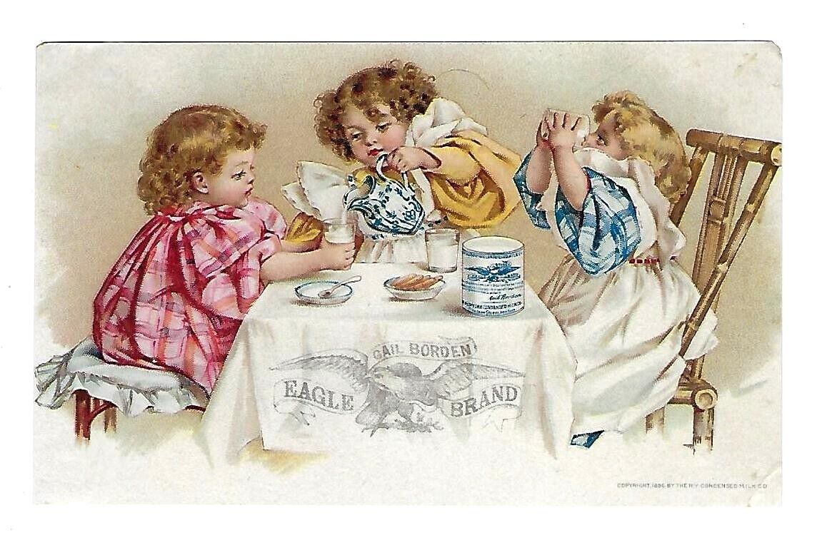 c1890 Victorian Trade Card Gail Borden Eagle Brand, Young Girls Playing