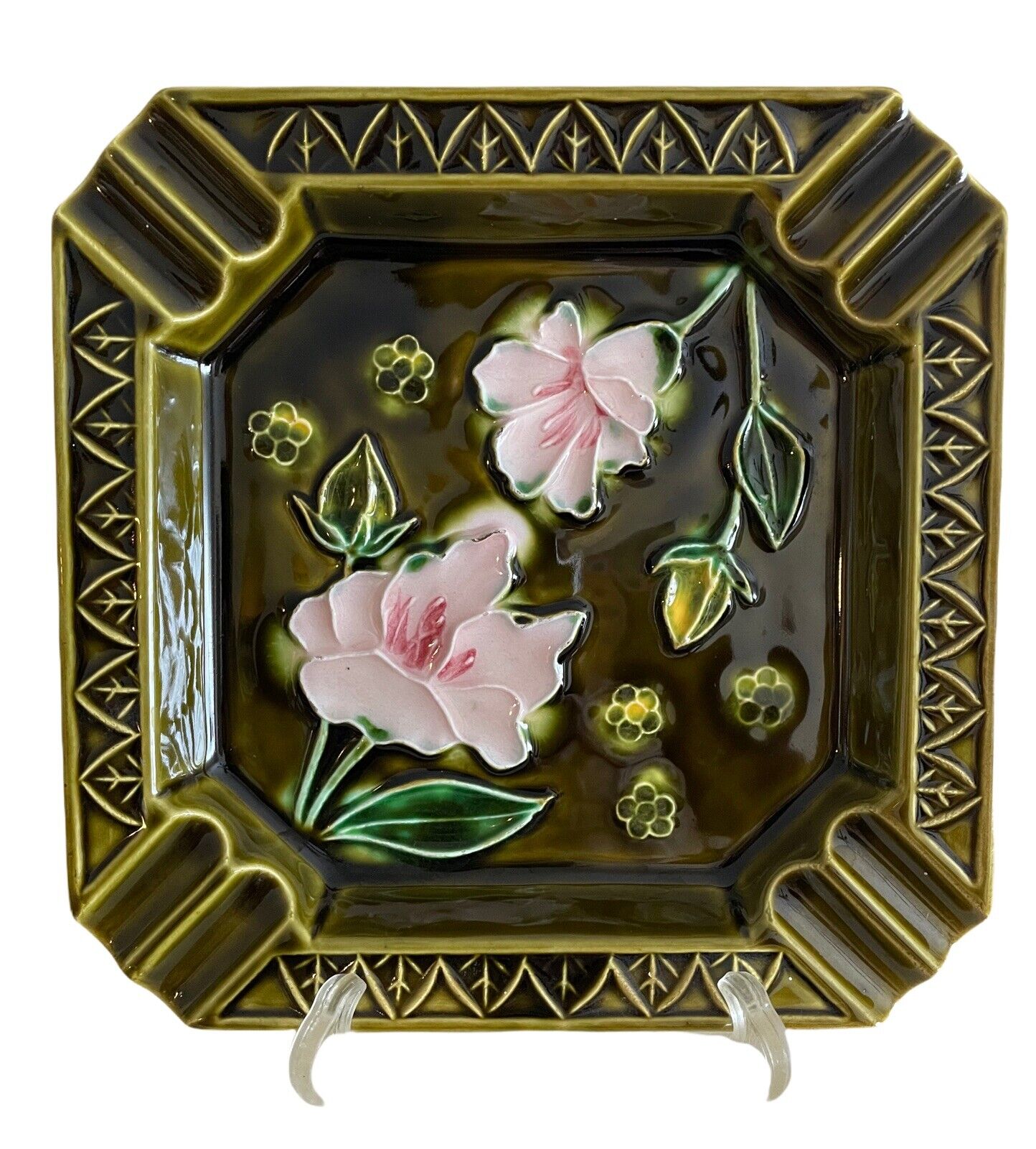 Vintage Ashtray / Brush Holder Ceramic 6.5”x6.5” Made In Japan Green Floral