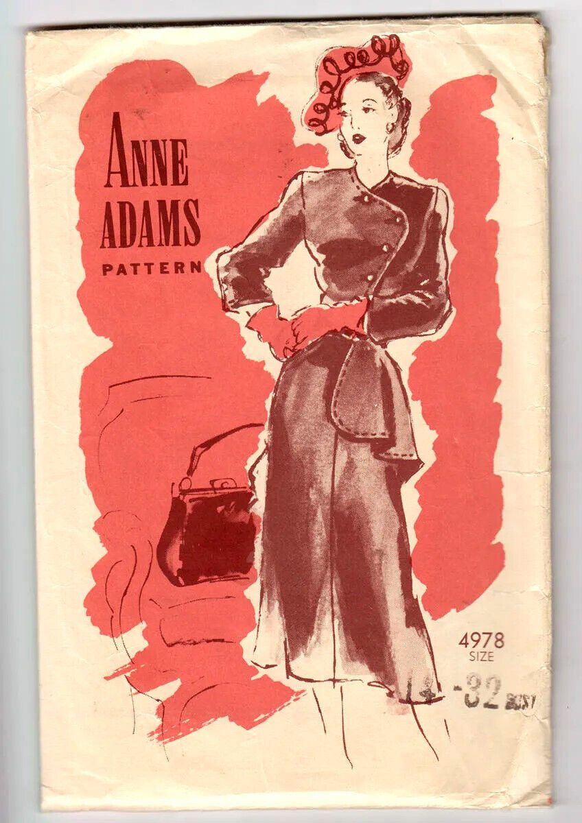 1940s Anne Adams 4978 Dress With Asymmetrical Buttoned Bodice And Peplum Bust 32