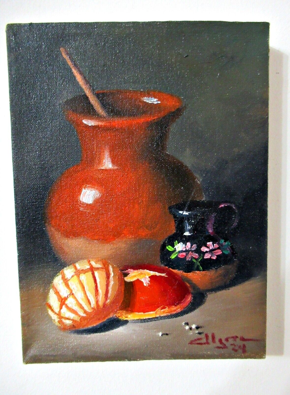 PUEBLA MEXICO OIL ON CANVAS PAINTING STILL LIFE W/ PAN DULCE  8