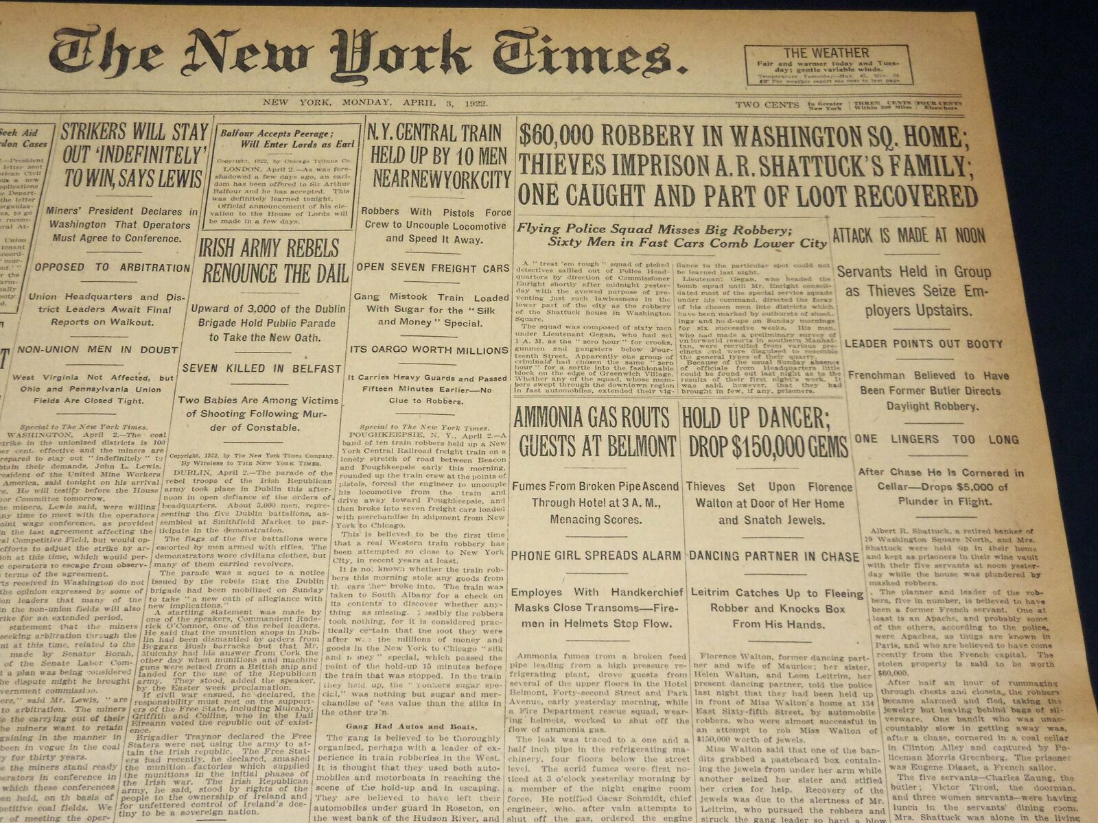 1922 APRIL 3 NEW YORK TIMES - $60,000 ROBBERY AT HOME OF A. R. SHATTUCK- NT 8574