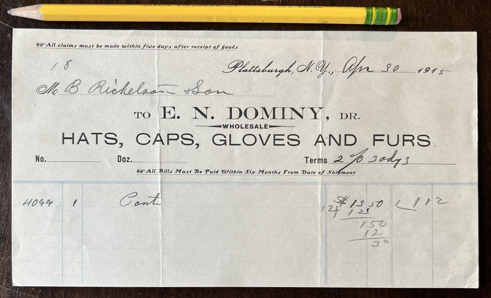 1915 E.N. DOMINY PLATTSBURGH NEW YORK HATS, CAPS, GLOVES, FURS INVOICE RECEIPT
